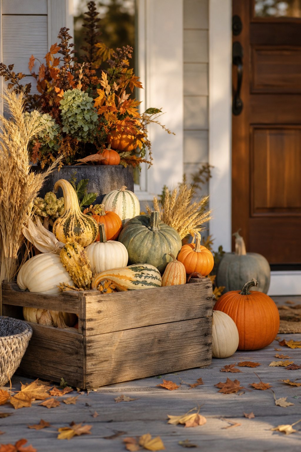 A wooden crate filled with colorful heirloom pumpkins sits on a decorated fall front porch.