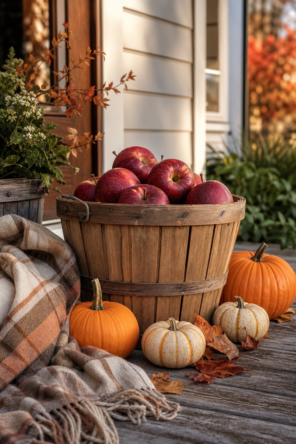 A vintage wooden apple basket surrounded by small pumpkins on a fall-decorated porch.