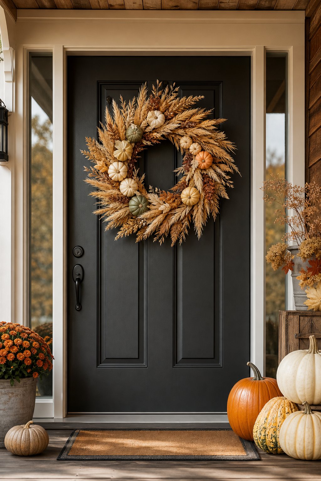 An autumn wreath made of dried wheat and mini gourds hangs on a front porch door.