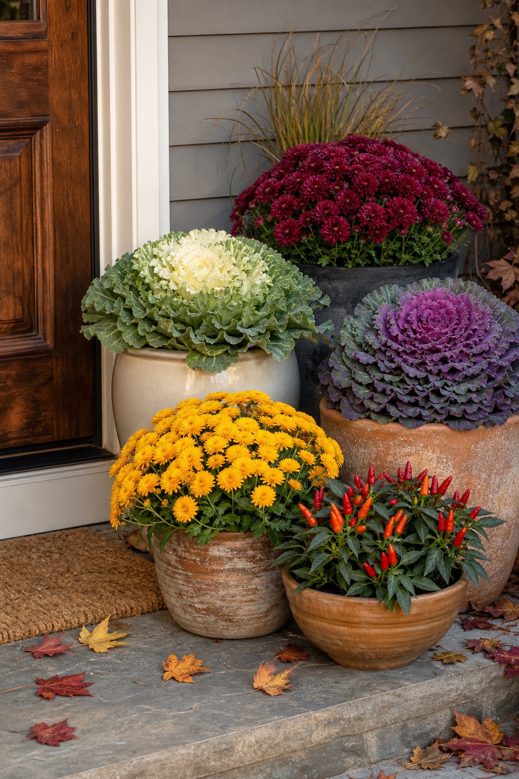 A fall front porch display of ornamental kale, chrysanthemums, and colorful peppers in decorative containers.