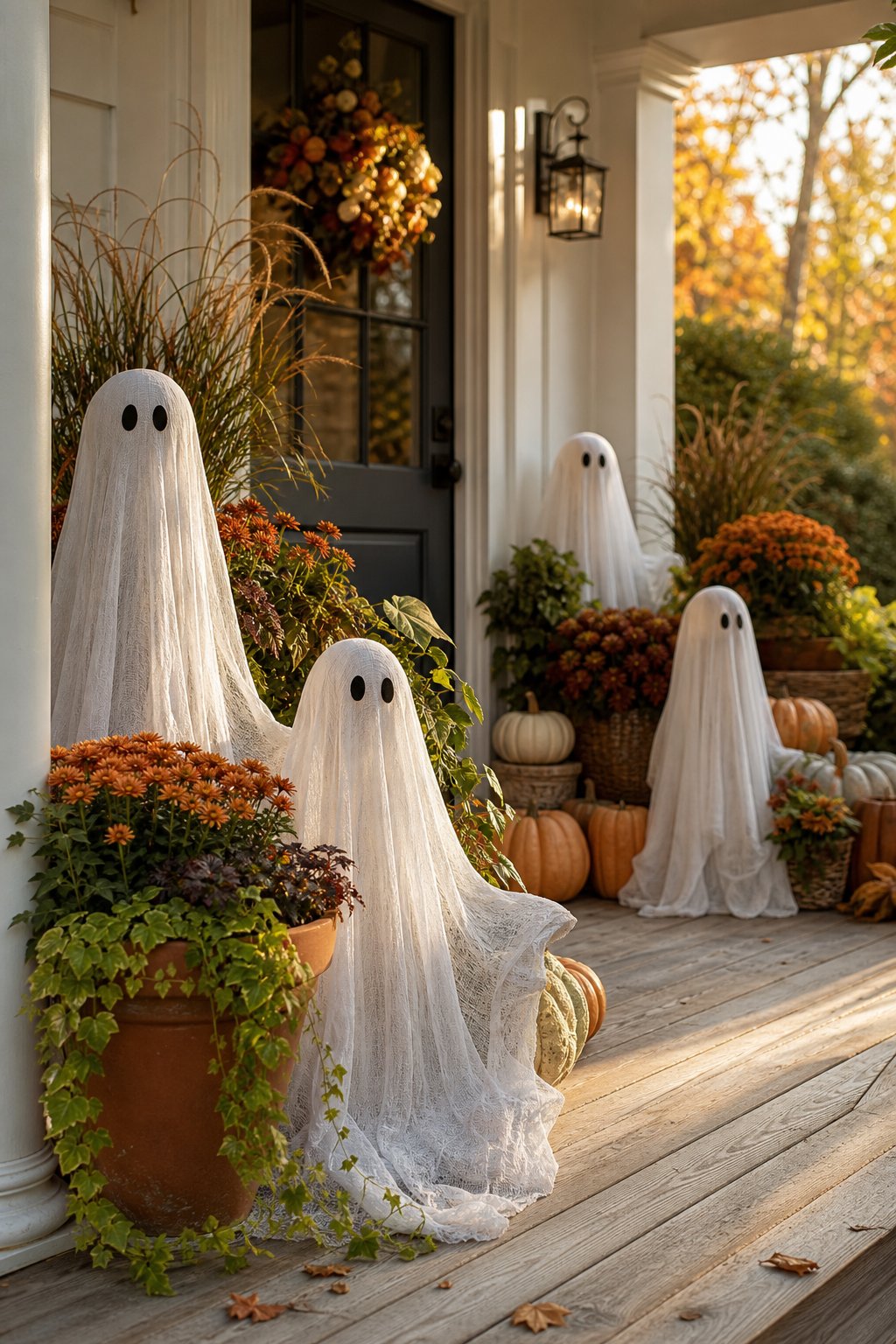 Cheesecloth ghosts arranged among autumn planters on a decorated front porch.