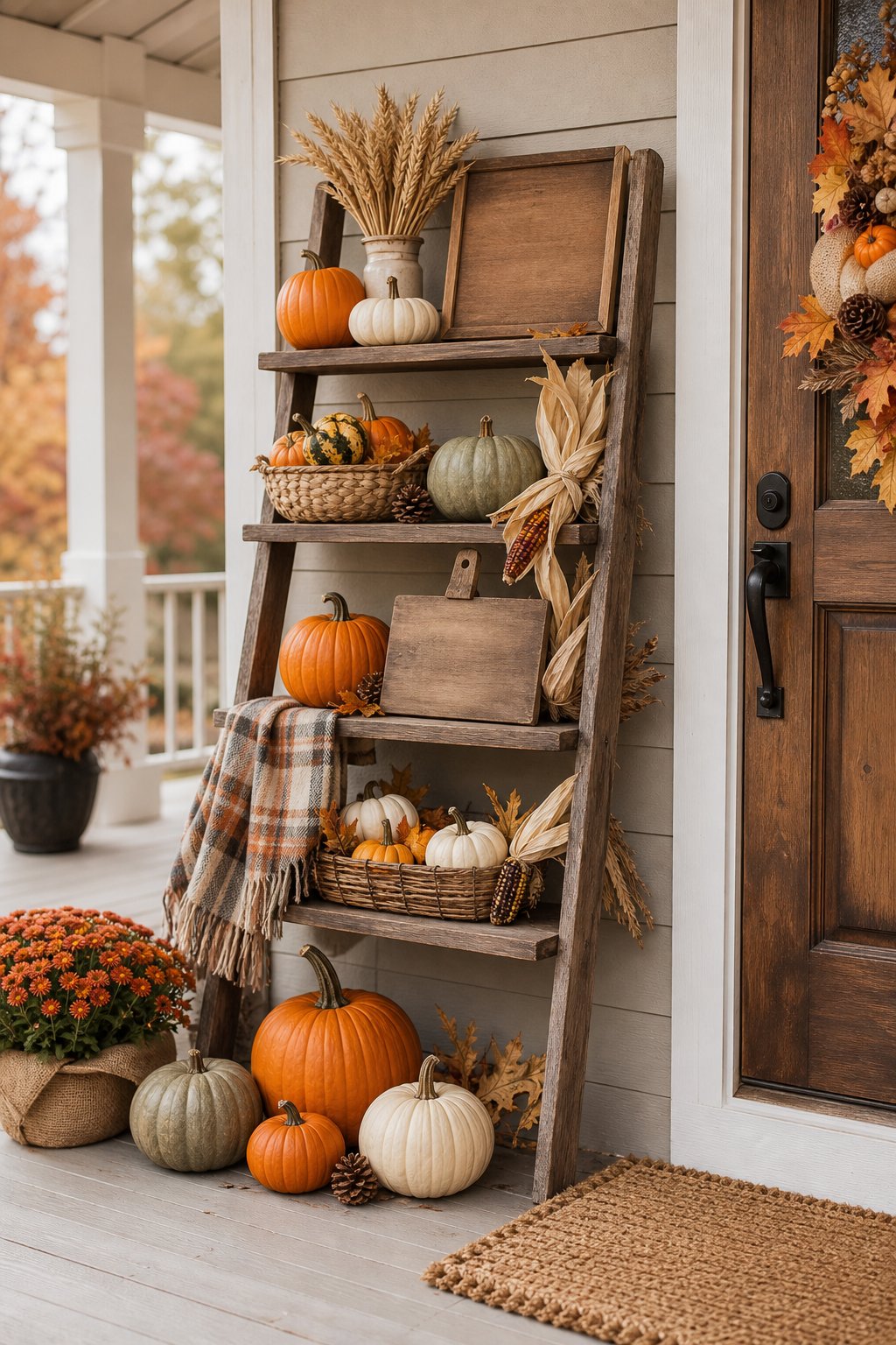 A rustic ladder shelf on a front porch decorated with pumpkins, gourds, fall leaves, baskets, and autumn accents.