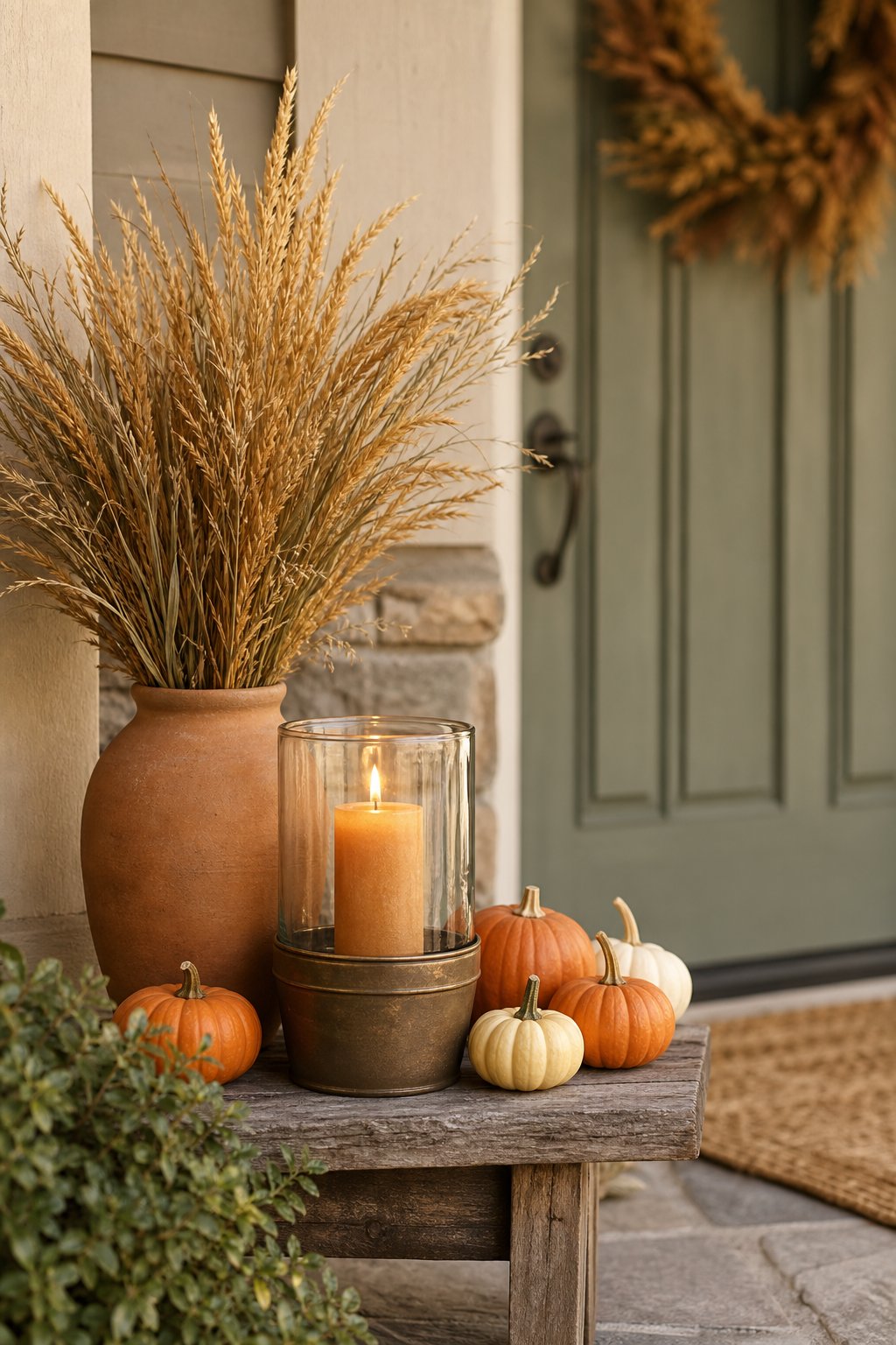 A fall porch display with dried grass, a glowing candle, and miniature pumpkins.