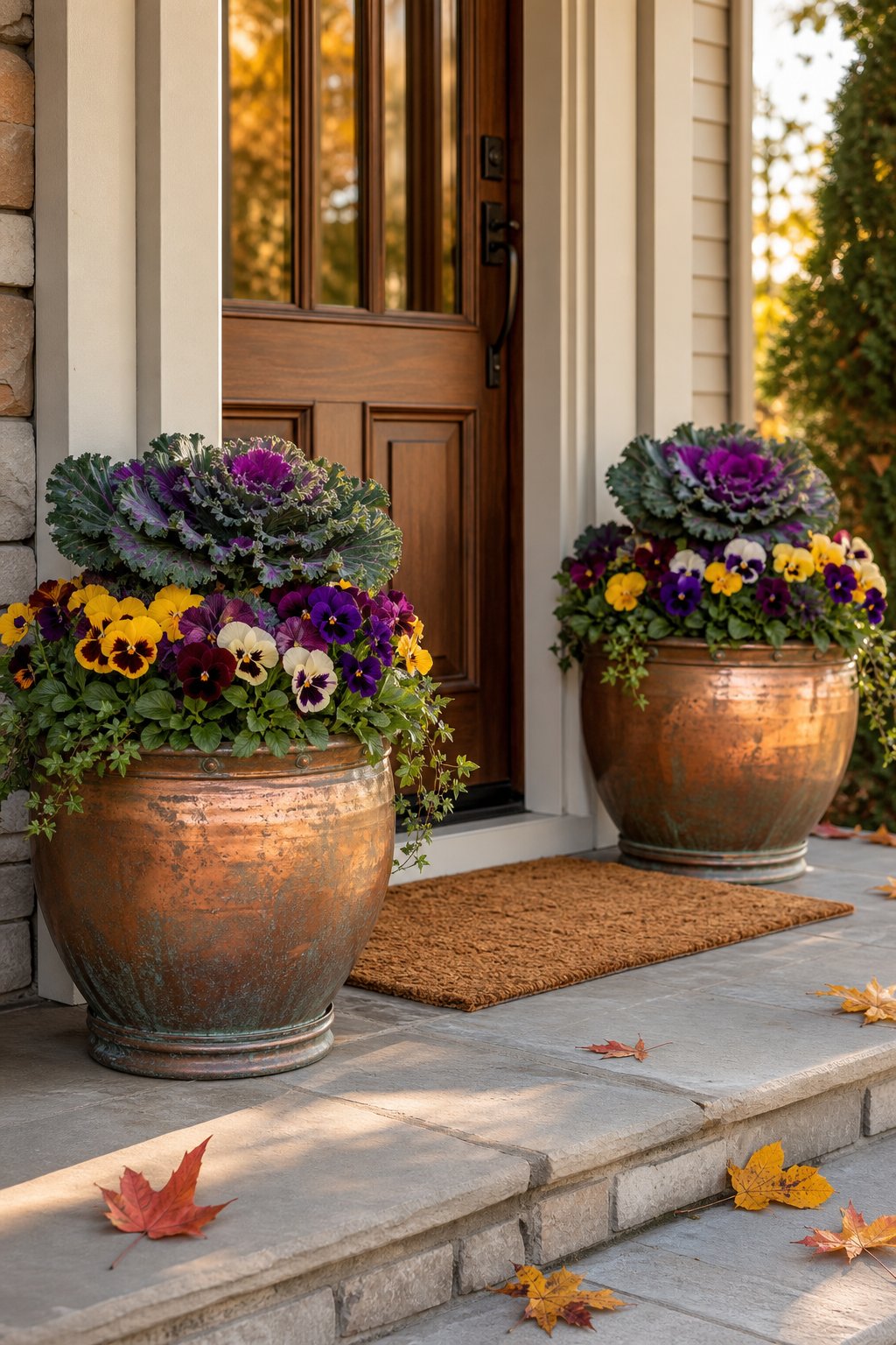 Two copper planters filled with ornamental kale and colorful pansies decorate an autumn front porch.