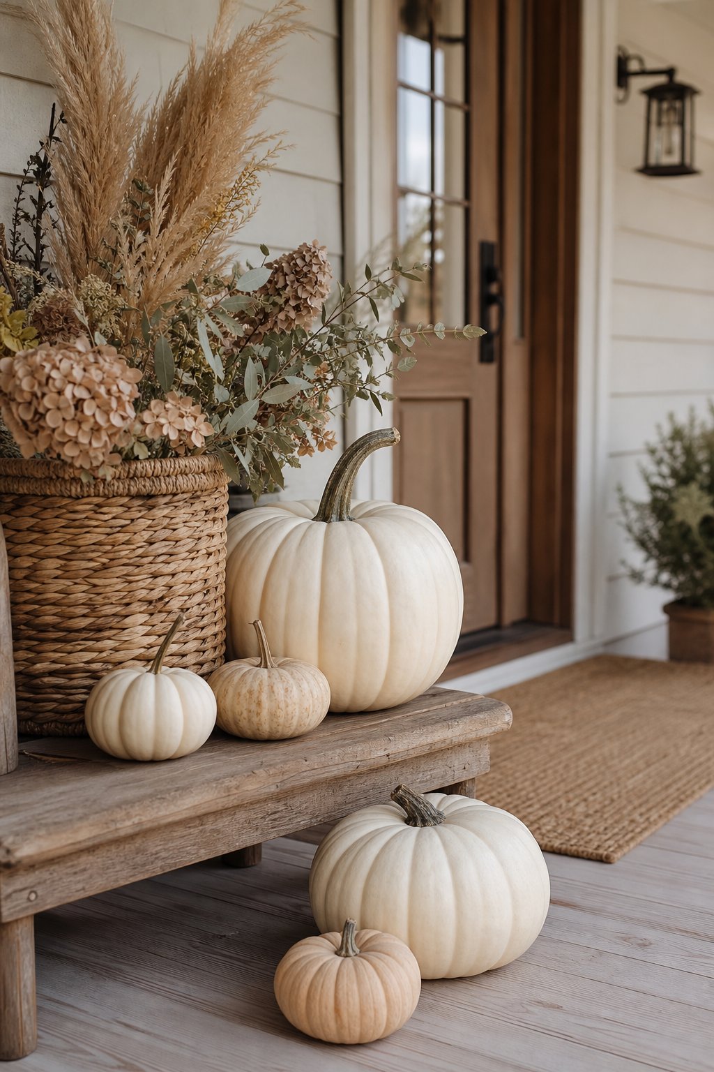 White pumpkins and a neutral woven basket decorate a farmhouse front porch.