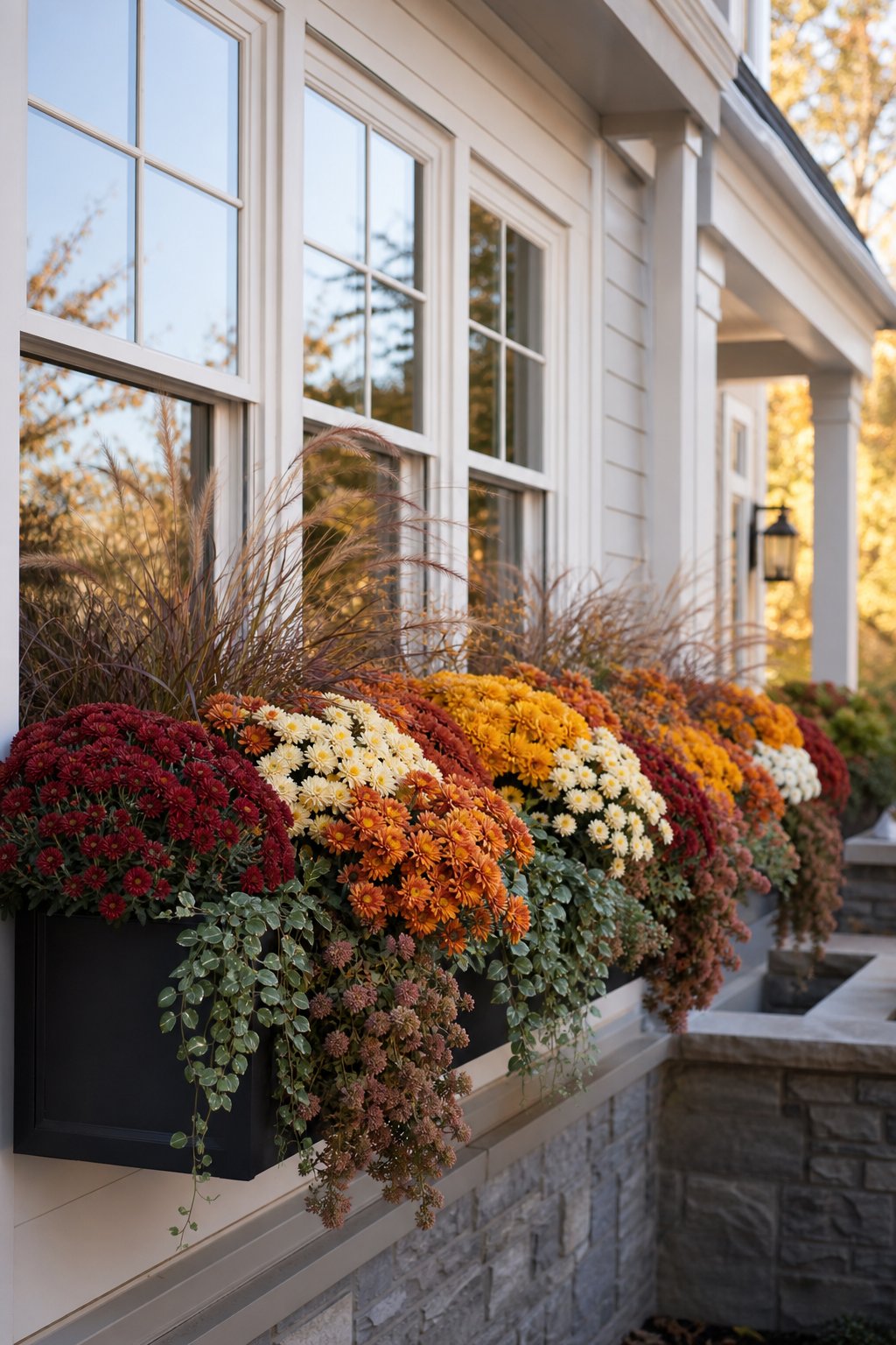 Window boxes filled with autumn mums, trailing sedum, and ornamental grasses adorn a porch.