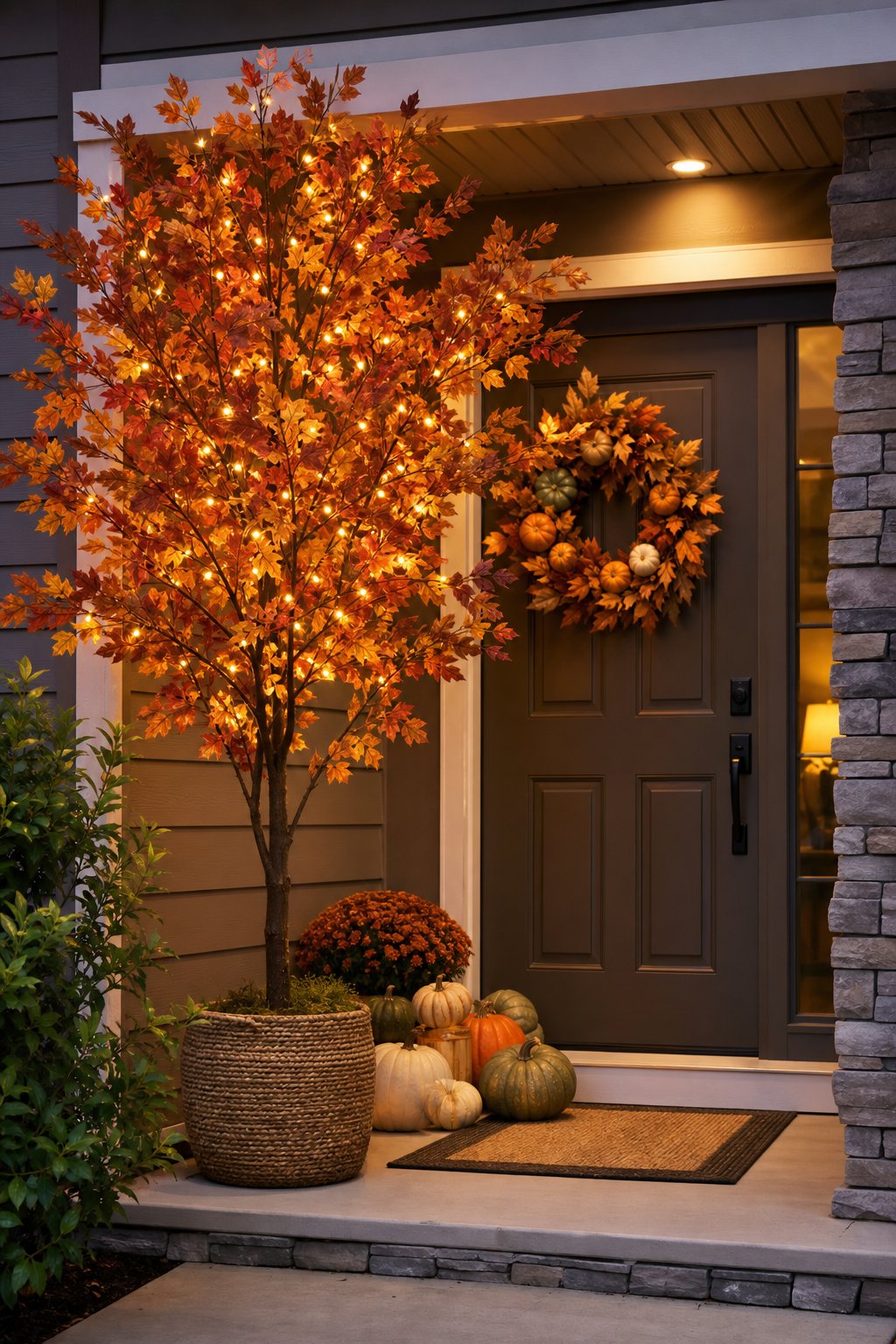A warmly decorated front entryway with an illuminated faux fall tree beside the door, surrounded by pumpkins and autumn decor.