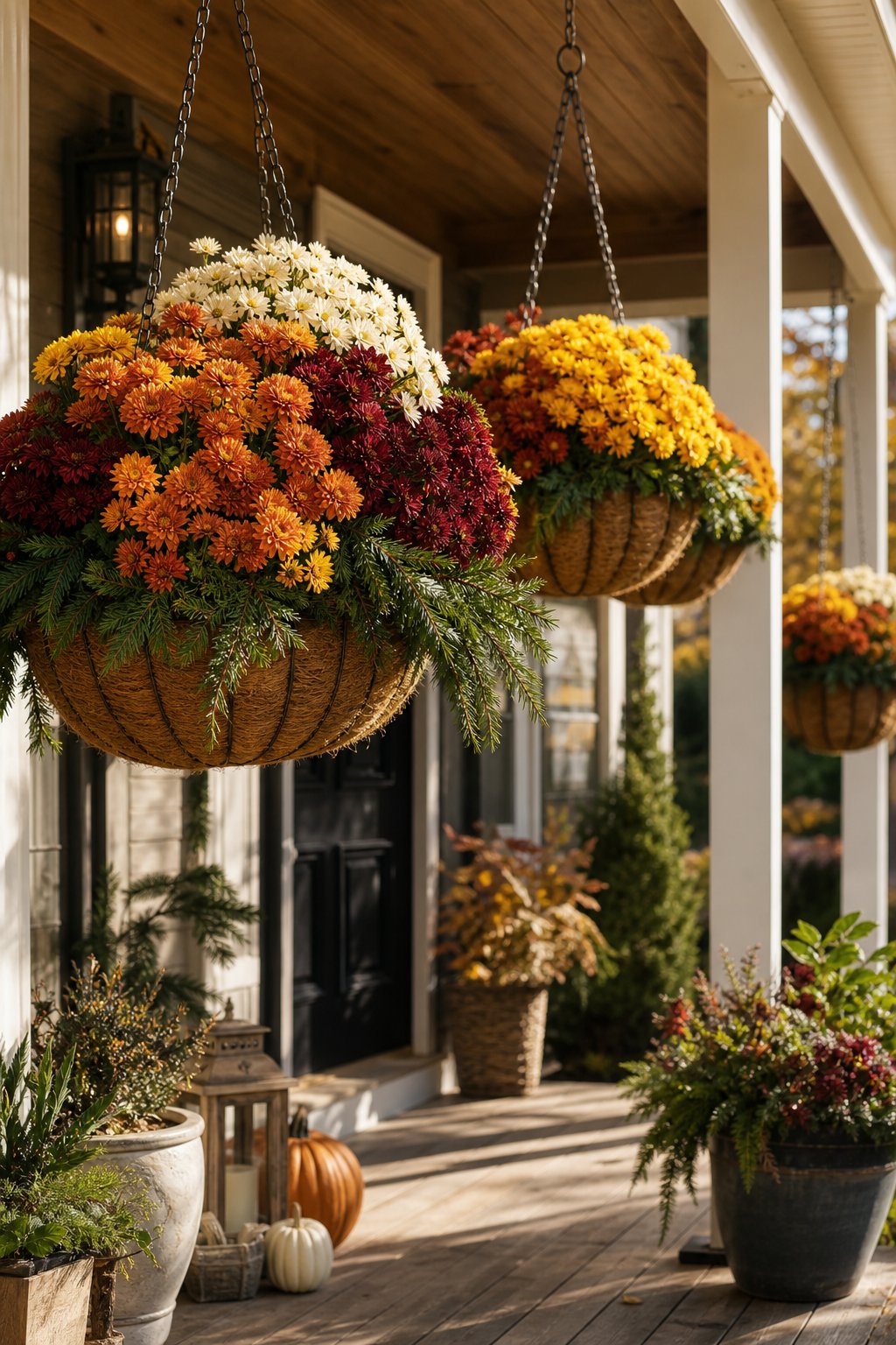 Hanging baskets filled with chrysanthemums and evergreen sprigs decorate an autumn front porch.
