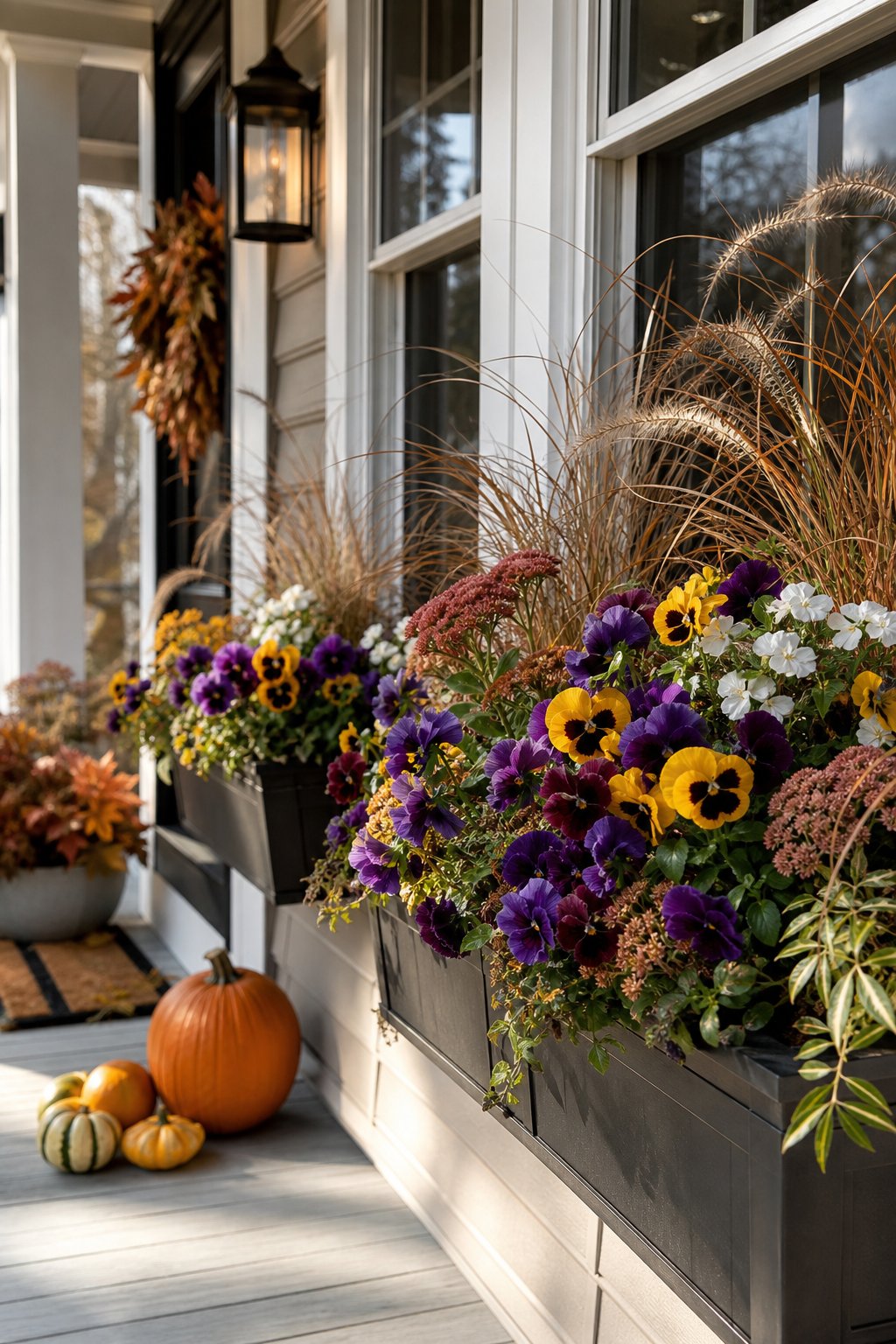 A fall front porch with window boxes filled with pansies, sedum, and ornamental grasses.