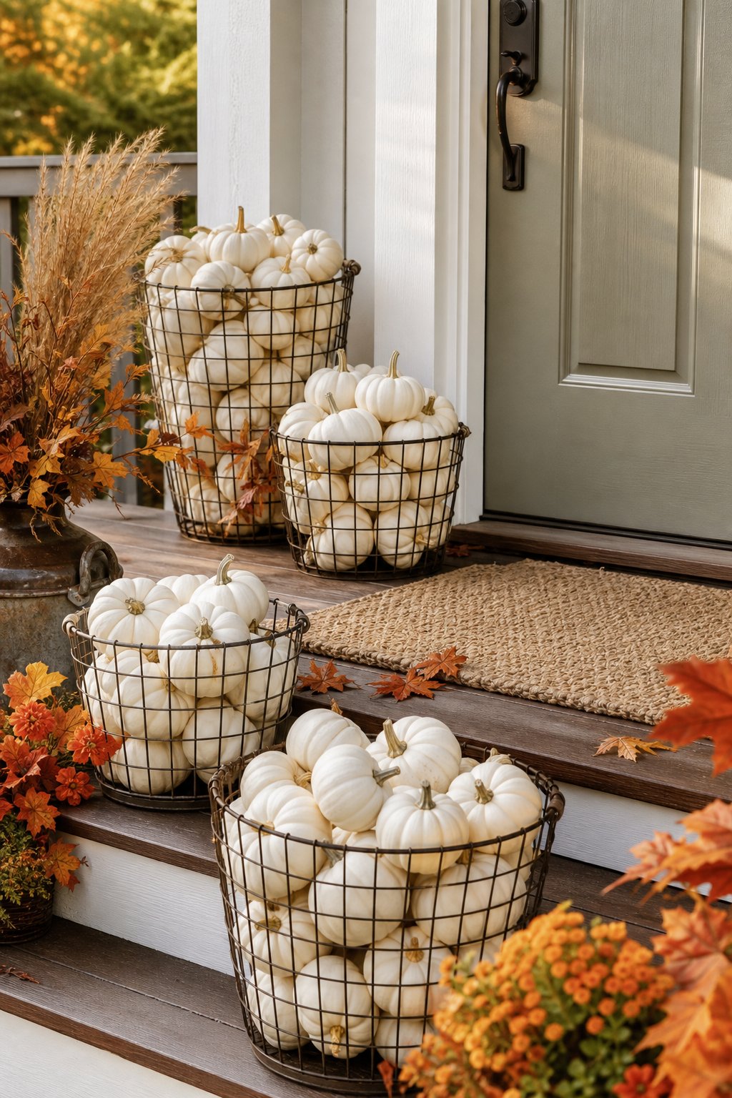 Metal wire baskets filled with white mini pumpkins decorate an autumn front porch.
