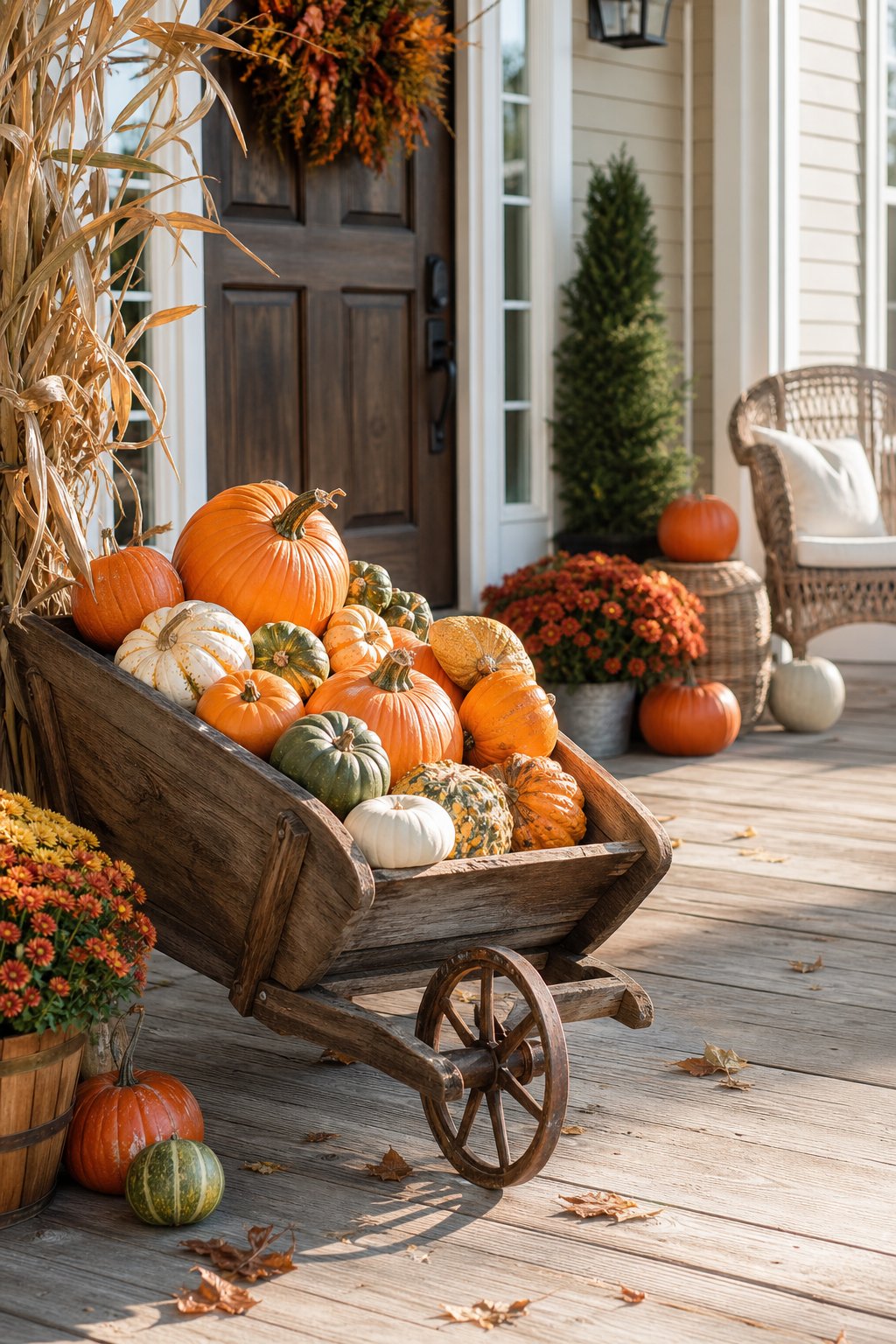 A wooden wheelbarrow filled with pumpkins and gourds sits on a decorated autumn front porch.