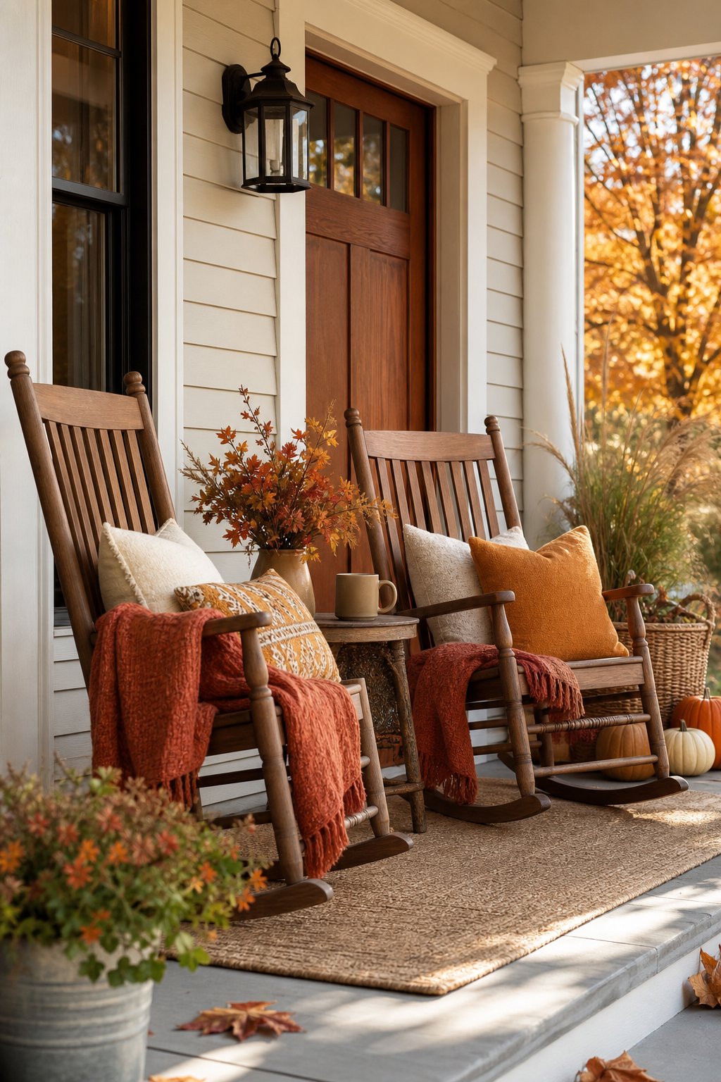 Two rocking chairs with rust-colored blankets and outdoor pillows on an autumn-decorated porch.