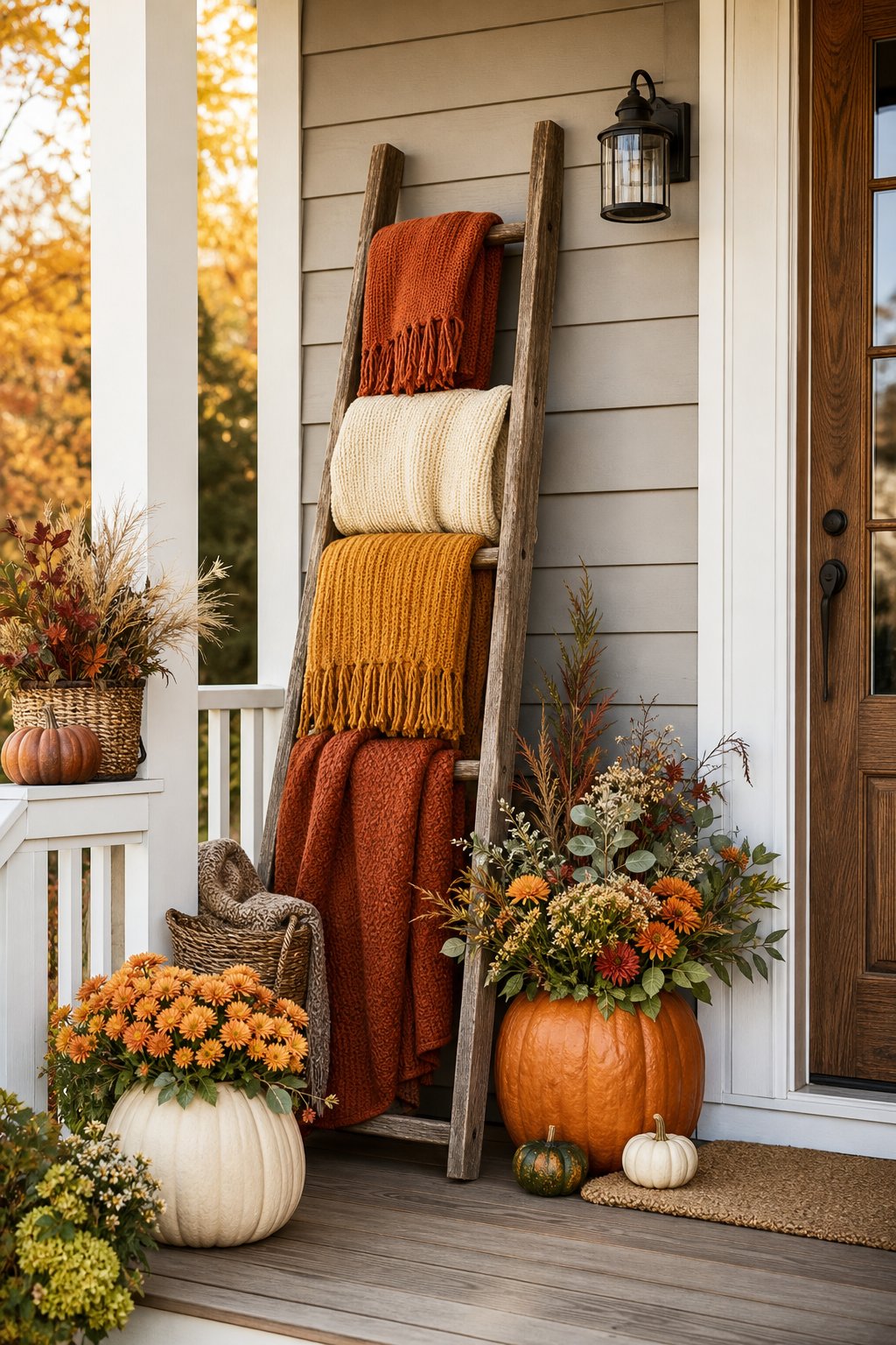 A wooden ladder on a front porch displays folded fall blankets beside pumpkin planters filled with autumn flowers.