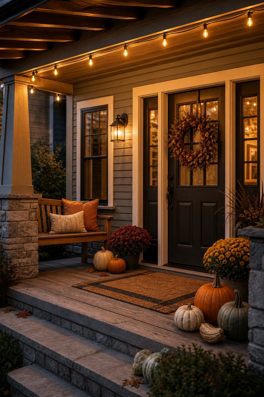 A cozy fall porch with glowing Edison string lights along the ceiling, pumpkins, flowers, and a seasonal wreath.