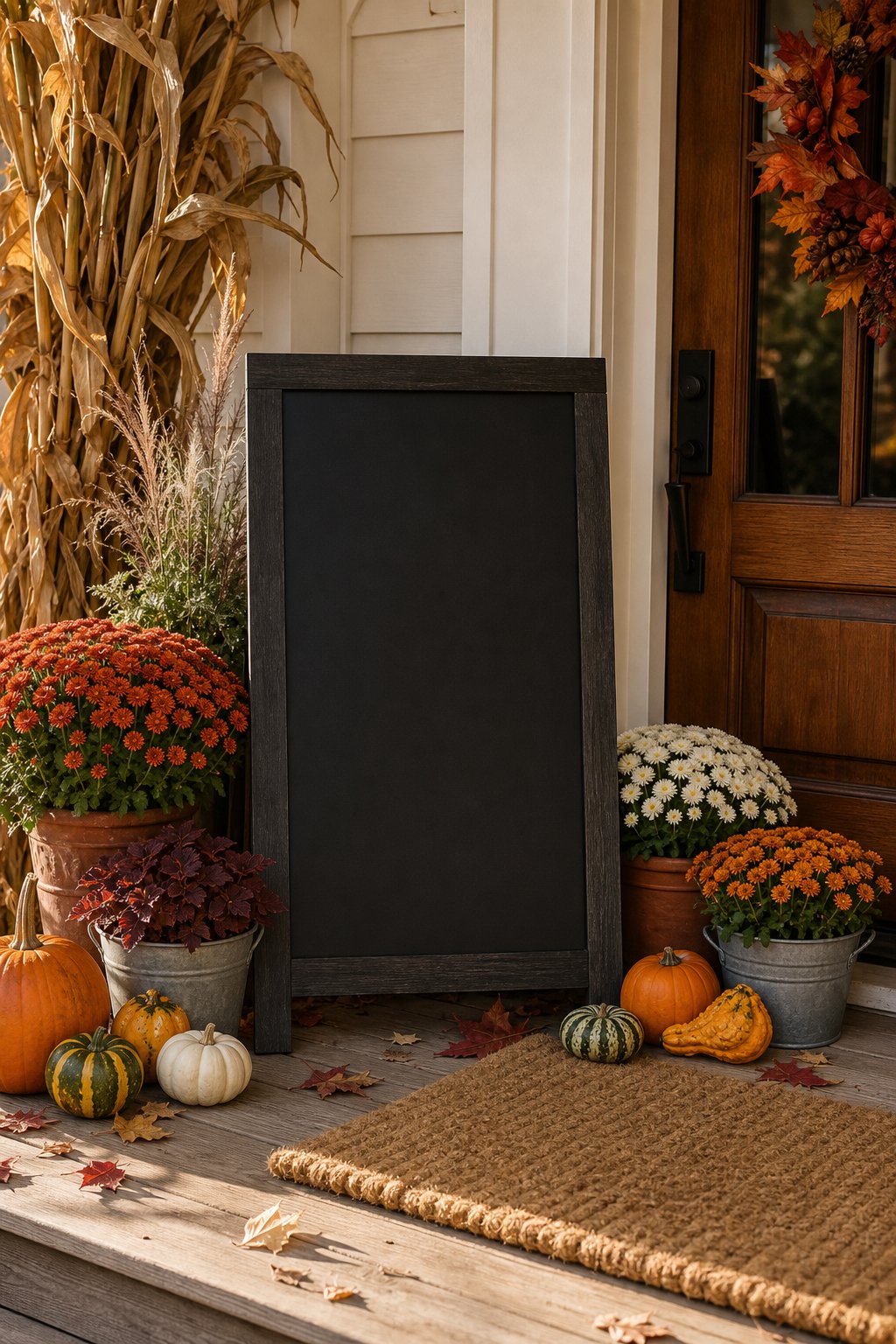 A fall-decorated front porch with a blank chalkboard sign, seasonal flowers, pumpkins, and planters.