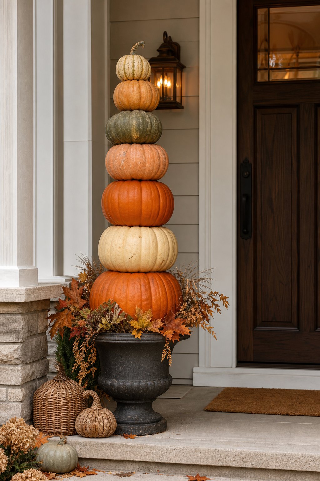A tall stack of pumpkins and gourds decorates the porch beside a front door.