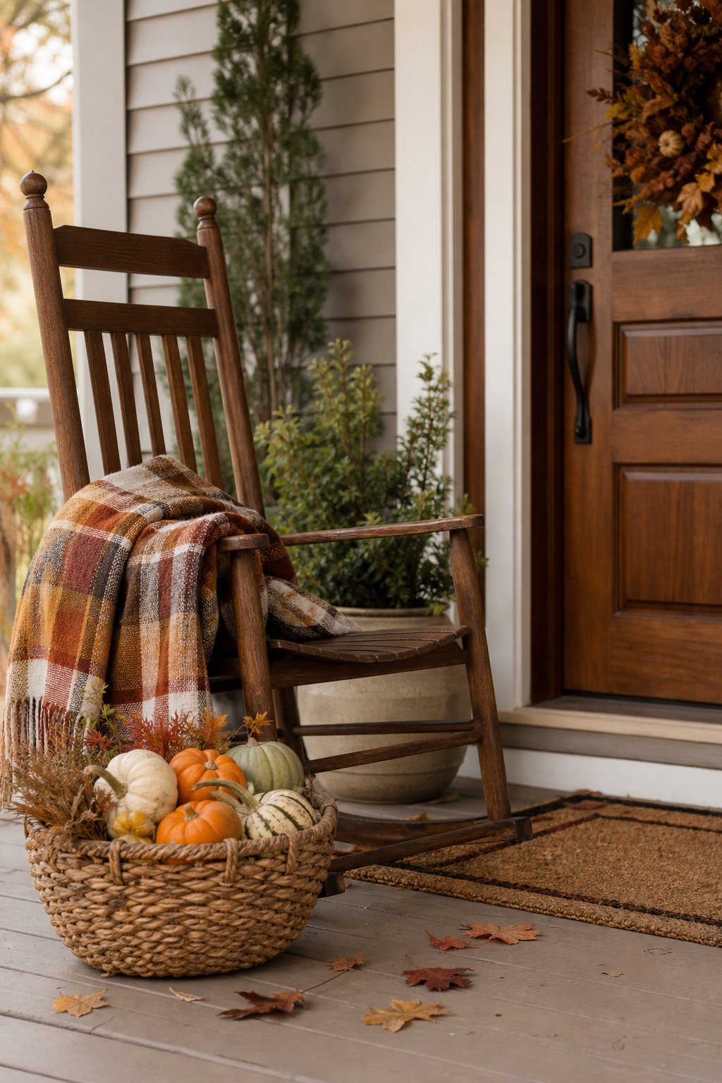 A rocking chair with a plaid blanket and a basket of pumpkins on a fall-decorated front porch.