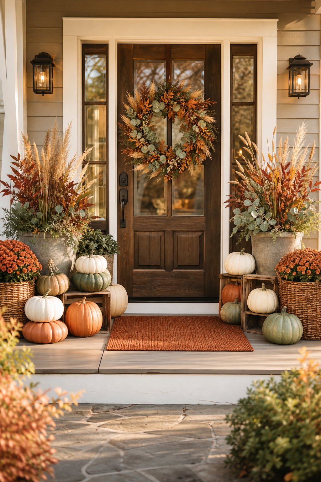 A welcoming front porch decorated with pumpkins, autumn plants, a seasonal wreath, baskets, and a warm-toned doormat.