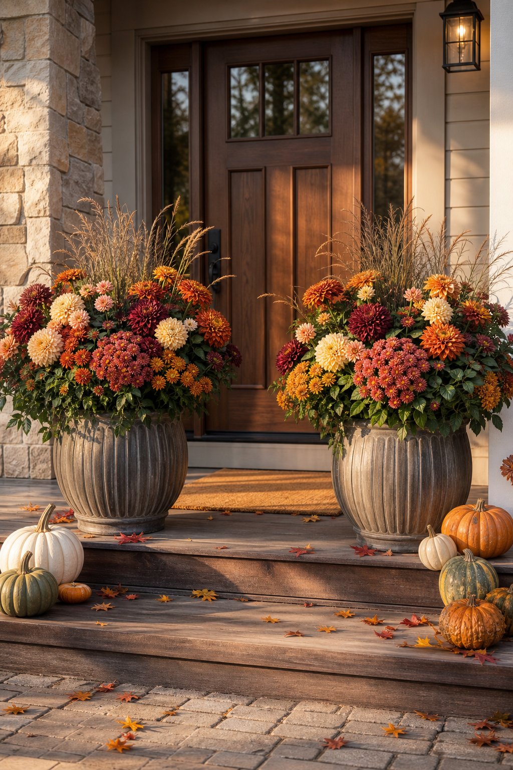 Autumn front porch with matching planters of colorful dahlias and chrysanthemums beside the door.