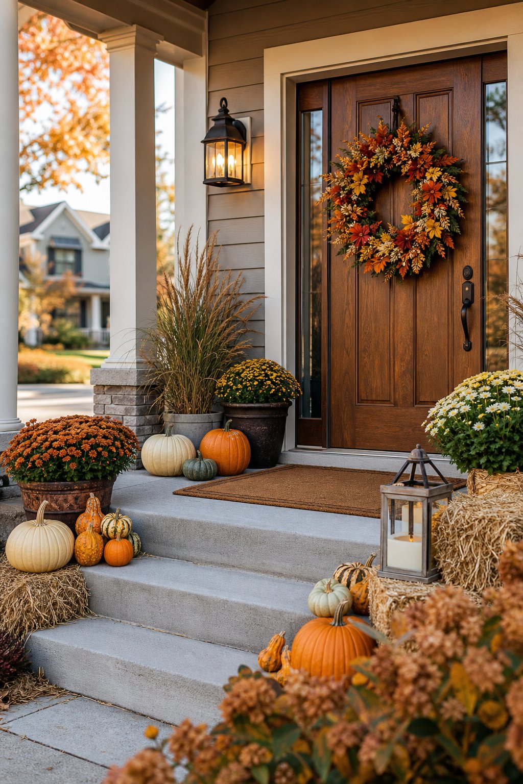A welcoming front porch decorated with pumpkins, autumn flowers, a wreath, and rustic seasonal accents.