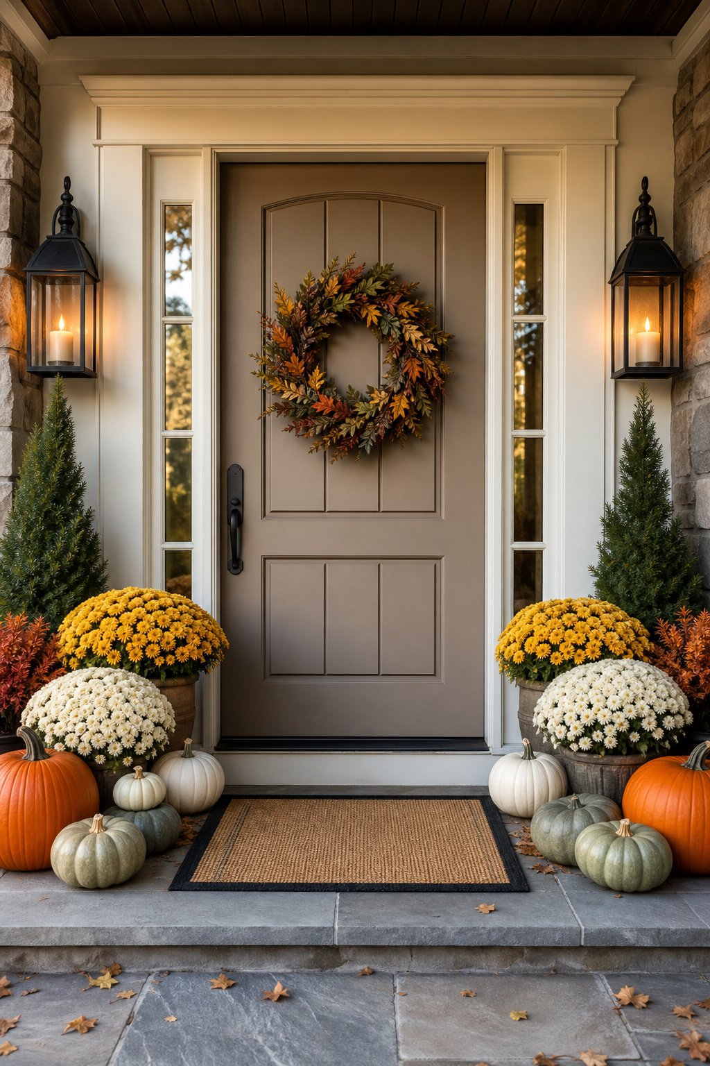 A symmetrical autumn doorway display with lanterns, pumpkins, and potted chrysanthemums.