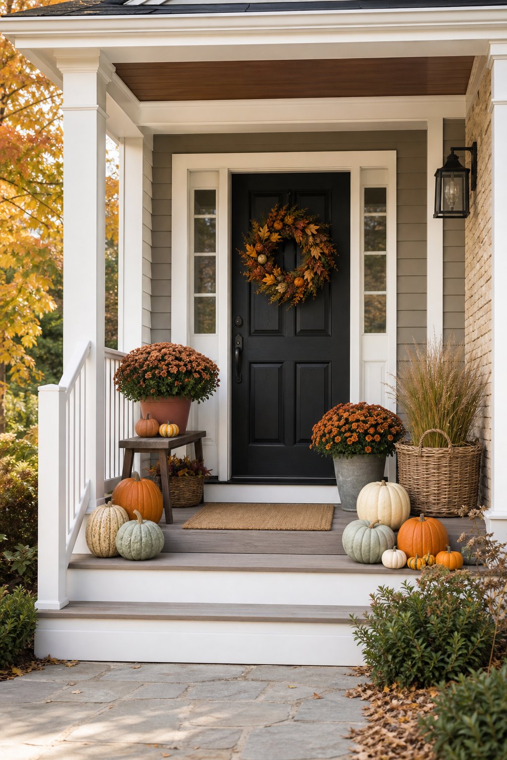 A front porch decorated for fall with pumpkins, flowers, a wreath, and a clear walking path.