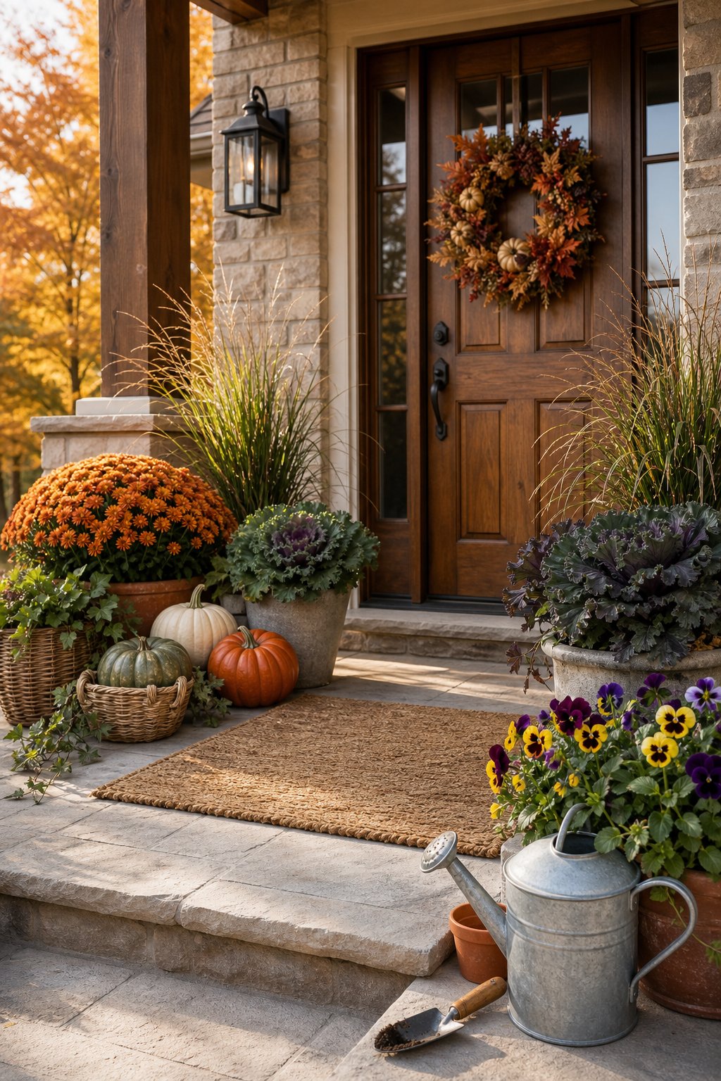 An autumn-decorated front porch with pumpkins, planters of seasonal flowers, and a wreath on the door.