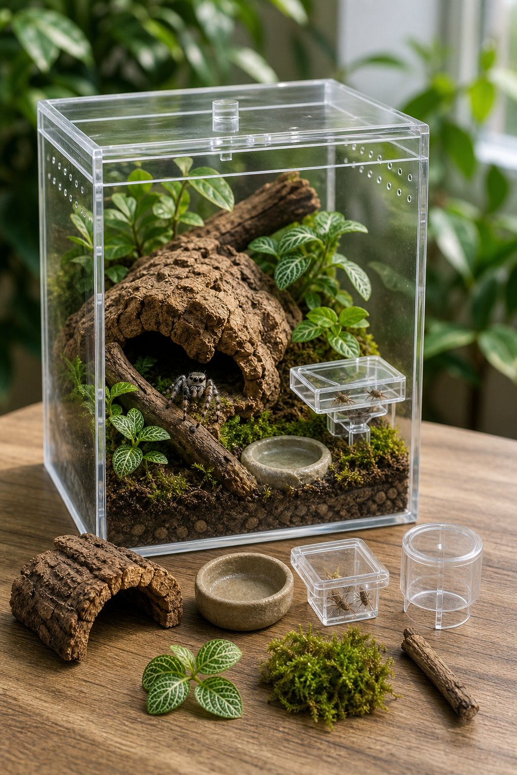 A woodland jumping spider in a naturalistic transparent enclosure with a bark hide, moss, plants, feeder, and water dish.