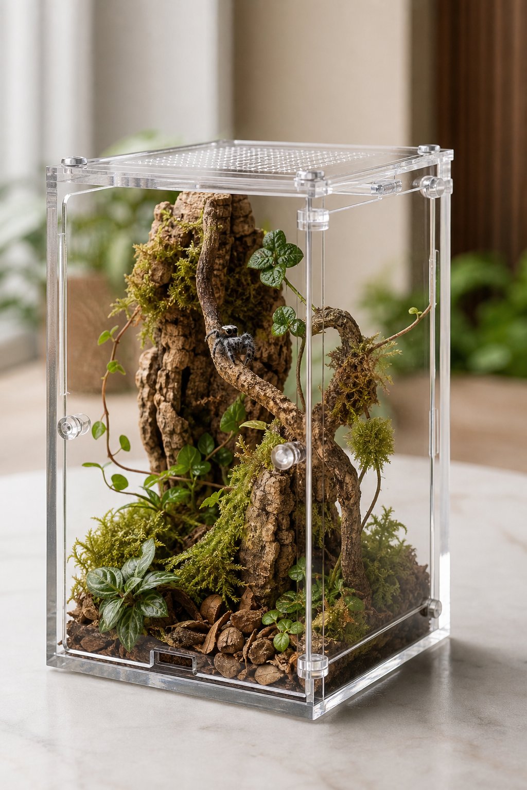 A small jumping spider inside a naturalistic transparent enclosure with moss, plants, bark, and branches.