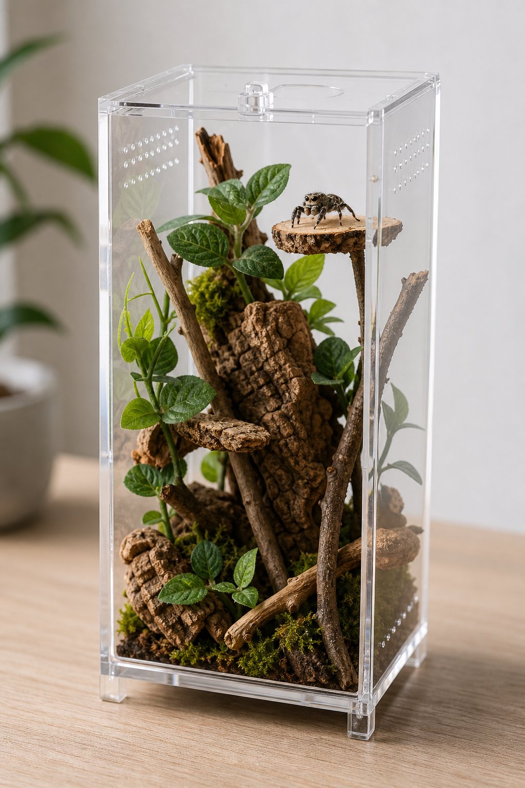 A decorated clear acrylic enclosure containing plants, twigs, moss, and a small jumping spider.