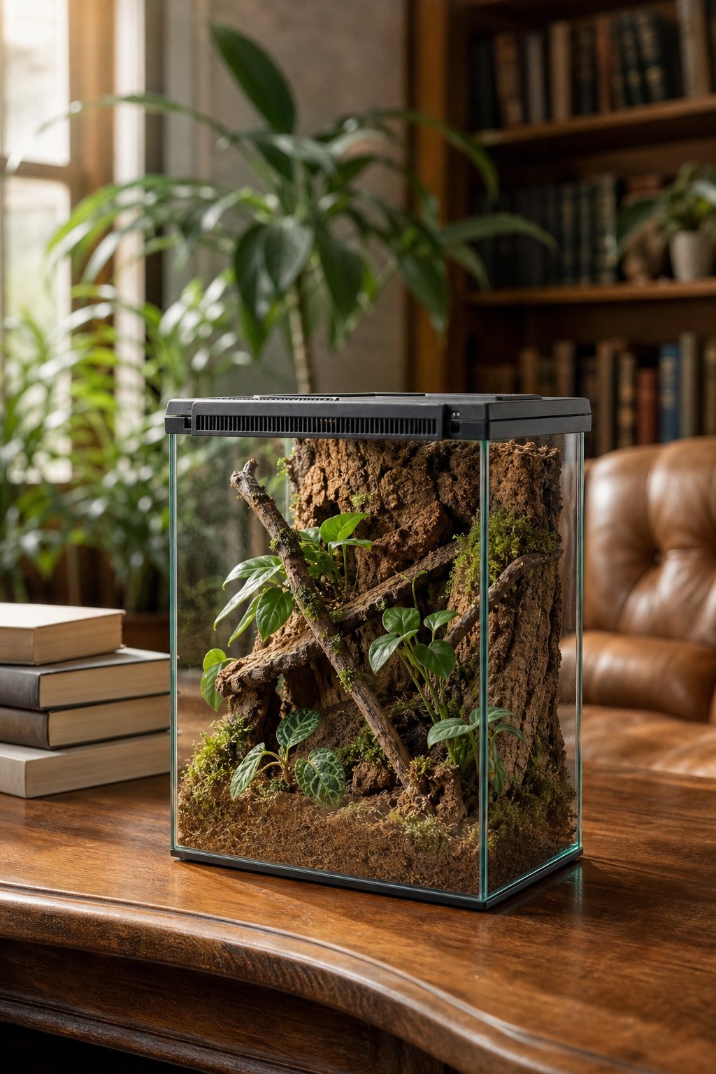 A handcrafted planted jumping spider terrarium sits on a wooden table in a cozy room lined with bookshelves.