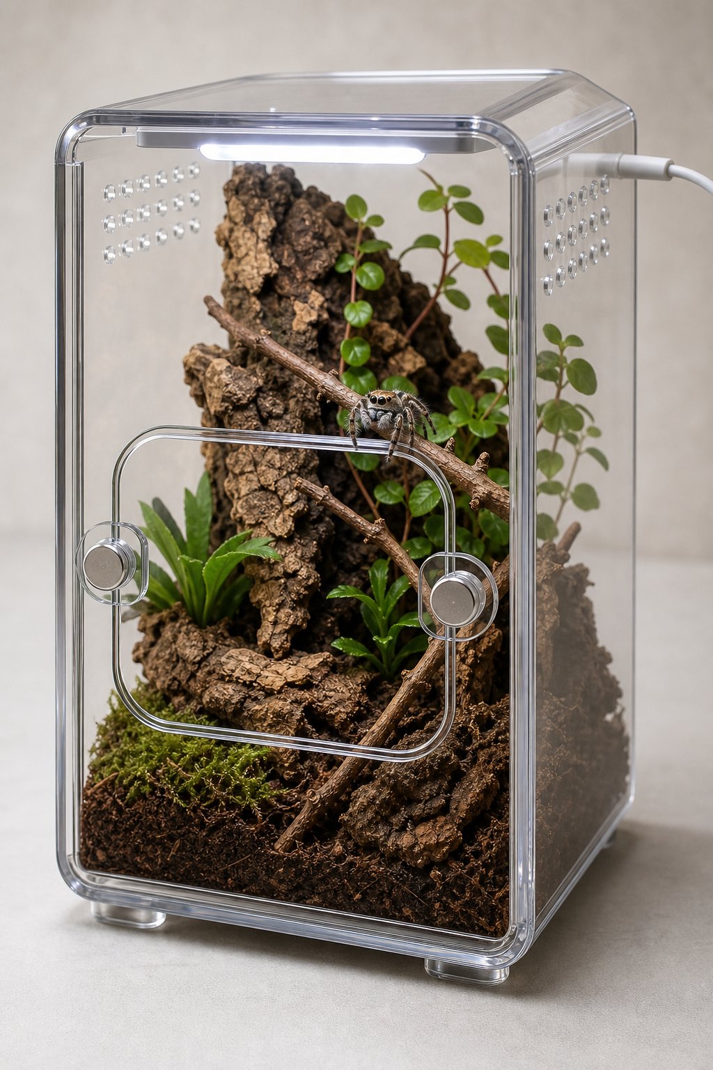 A transparent jumping spider enclosure with a magnetic front hatch, USB light, natural decorations, and a small spider inside.