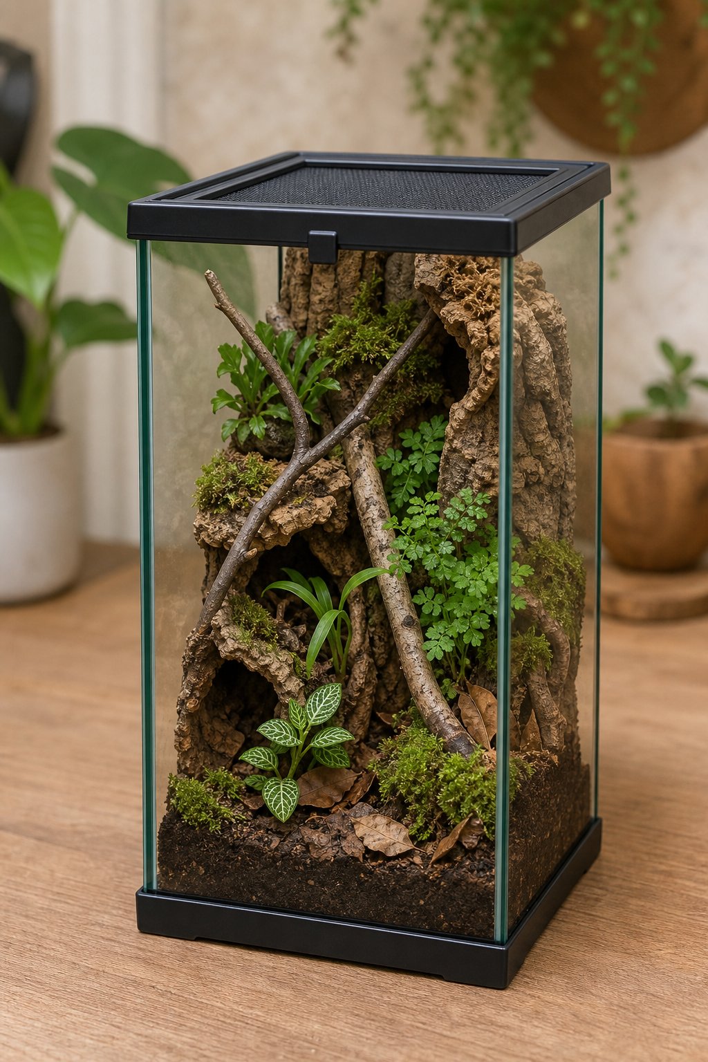 A small planted glass enclosure with moss, miniature plants, cork bark, and branches arranged as a habitat for a jumping spider.