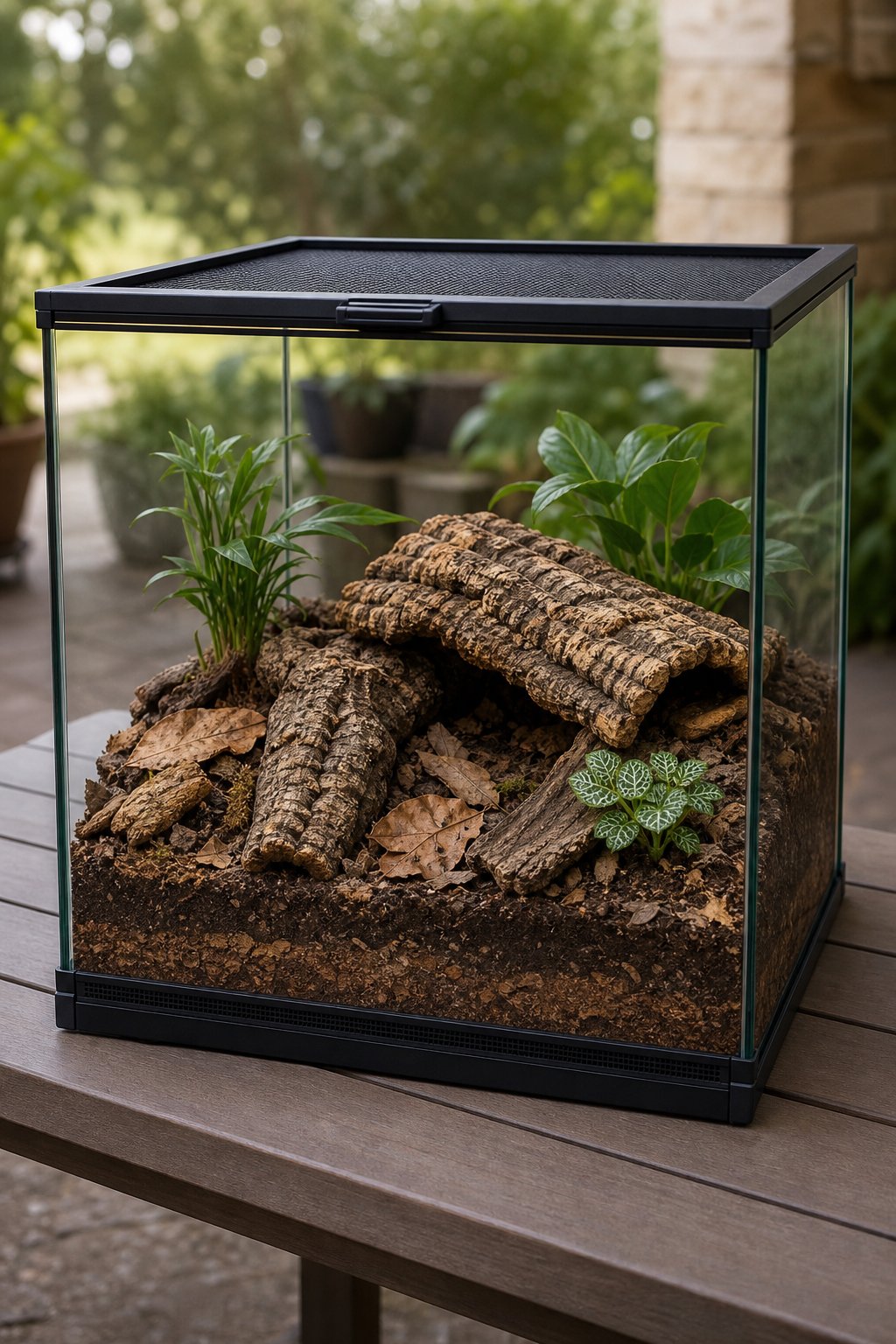 A glass terrarium with cork bark shelters and forest-floor decor sits on a covered patio table.