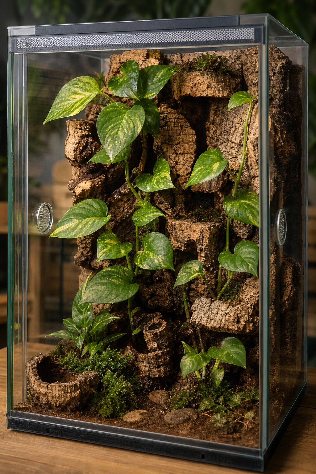 A glass jumping spider enclosure with a cork bark wall covered in live pothos cuttings.