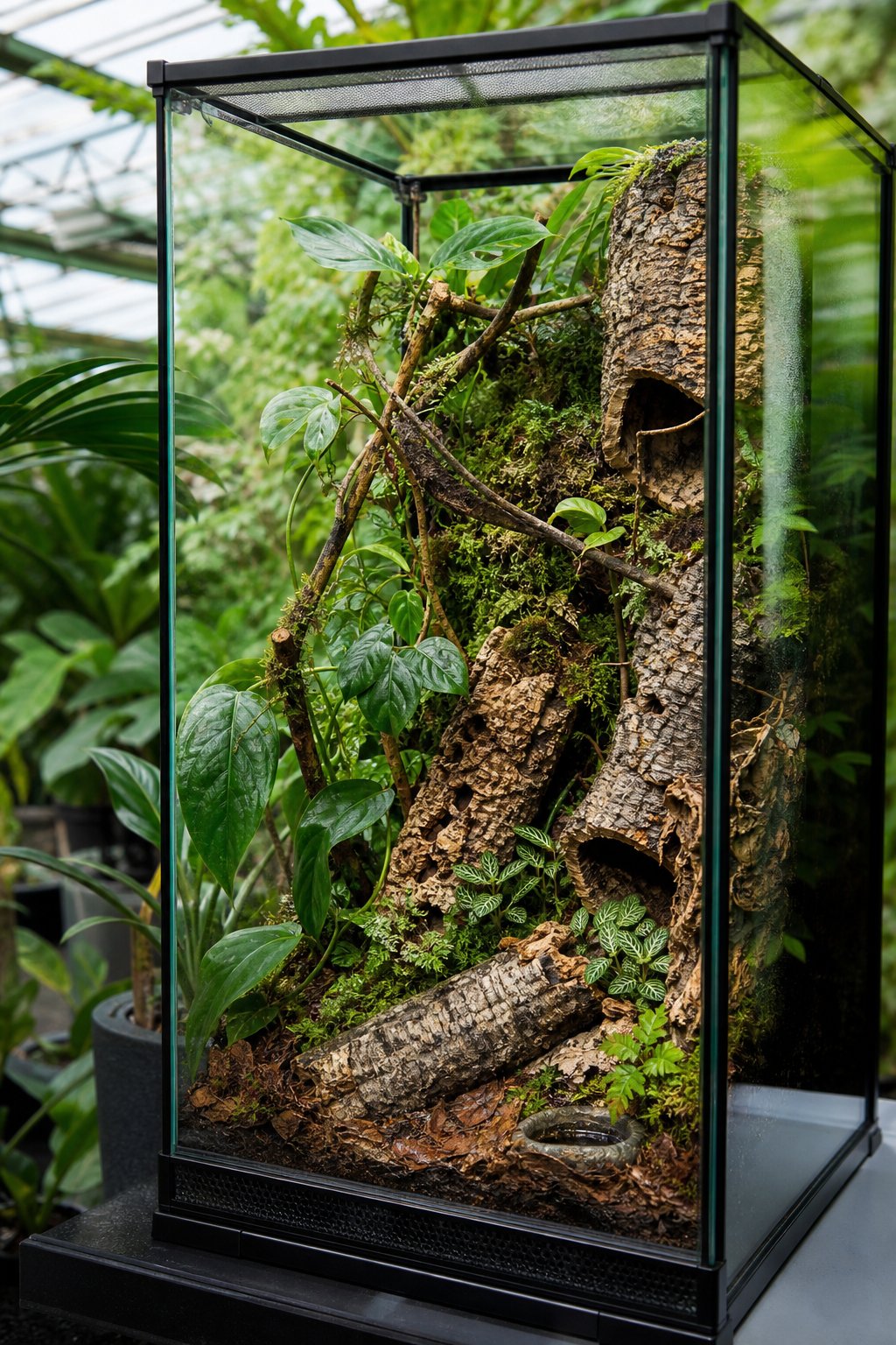 A tall glass vivarium filled with tropical plants, cork bark tubes, branches, moss, and leaf litter.