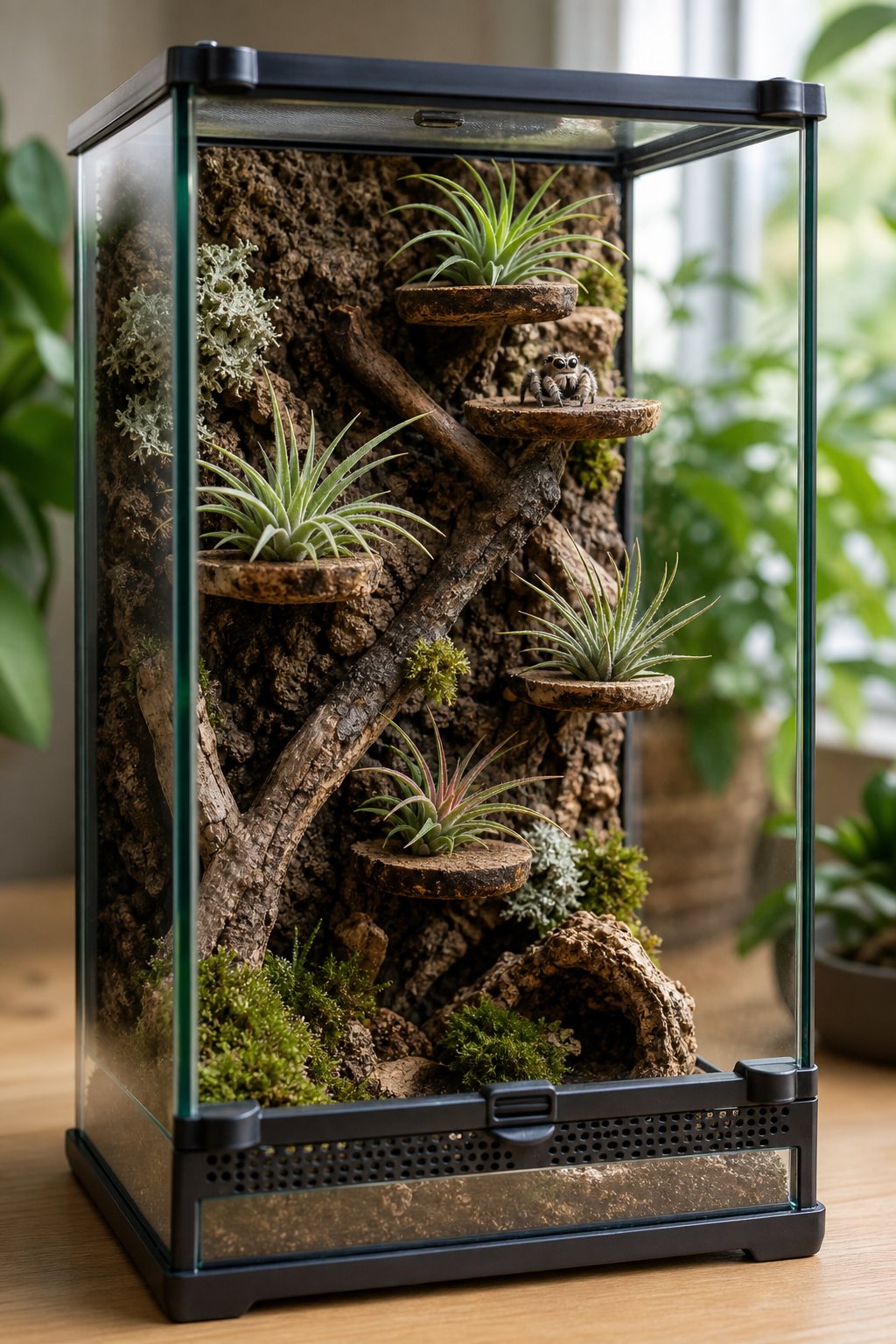 A jumping spider enclosure with a textured tree backdrop, magnetic perches, and small air plants.