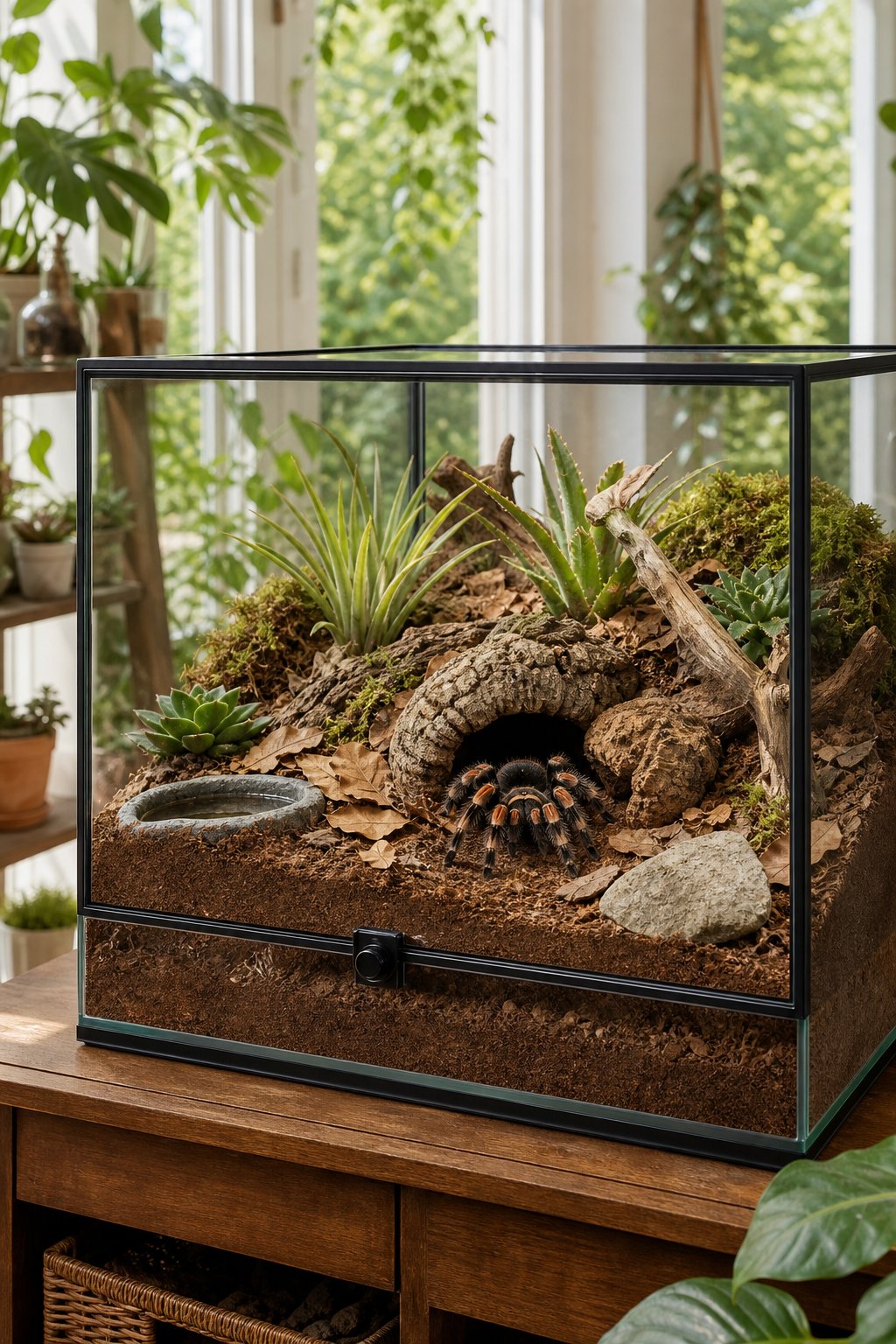 A bioactive glass terrarium in a bright garden room houses a Brachypelma hamorii tarantula among plants, bark, stones, and natural substrate.