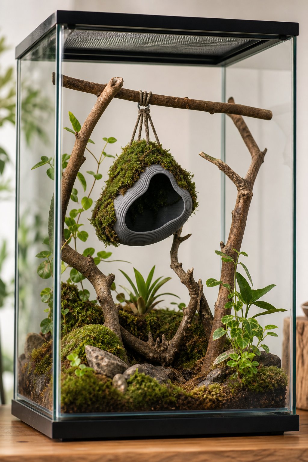 A moss-covered hanging hide suspended inside a naturalistic glass jumping spider habitat.