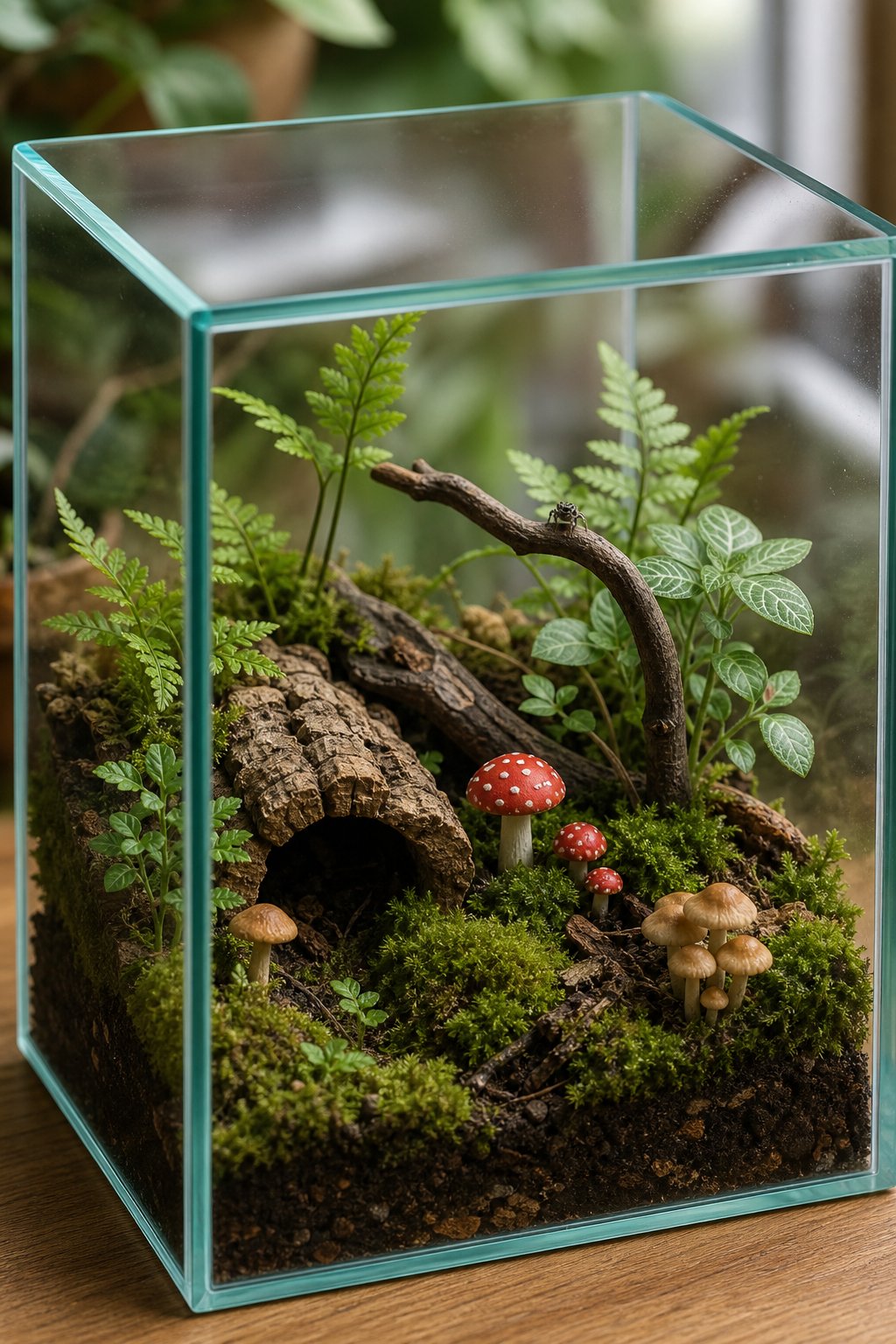 A glass woodland terrarium with moss, small plants, twigs, and miniature red-capped mushrooms.