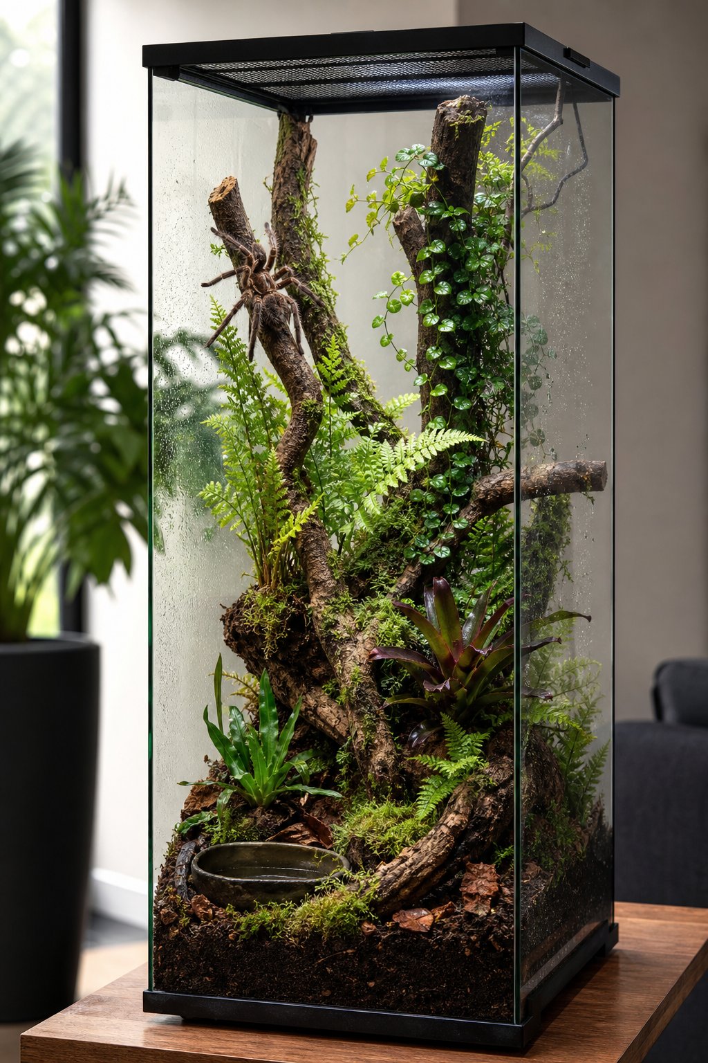 A tall glass terrarium filled with tropical plants, branches, moss, and a tarantula resting on a branch.