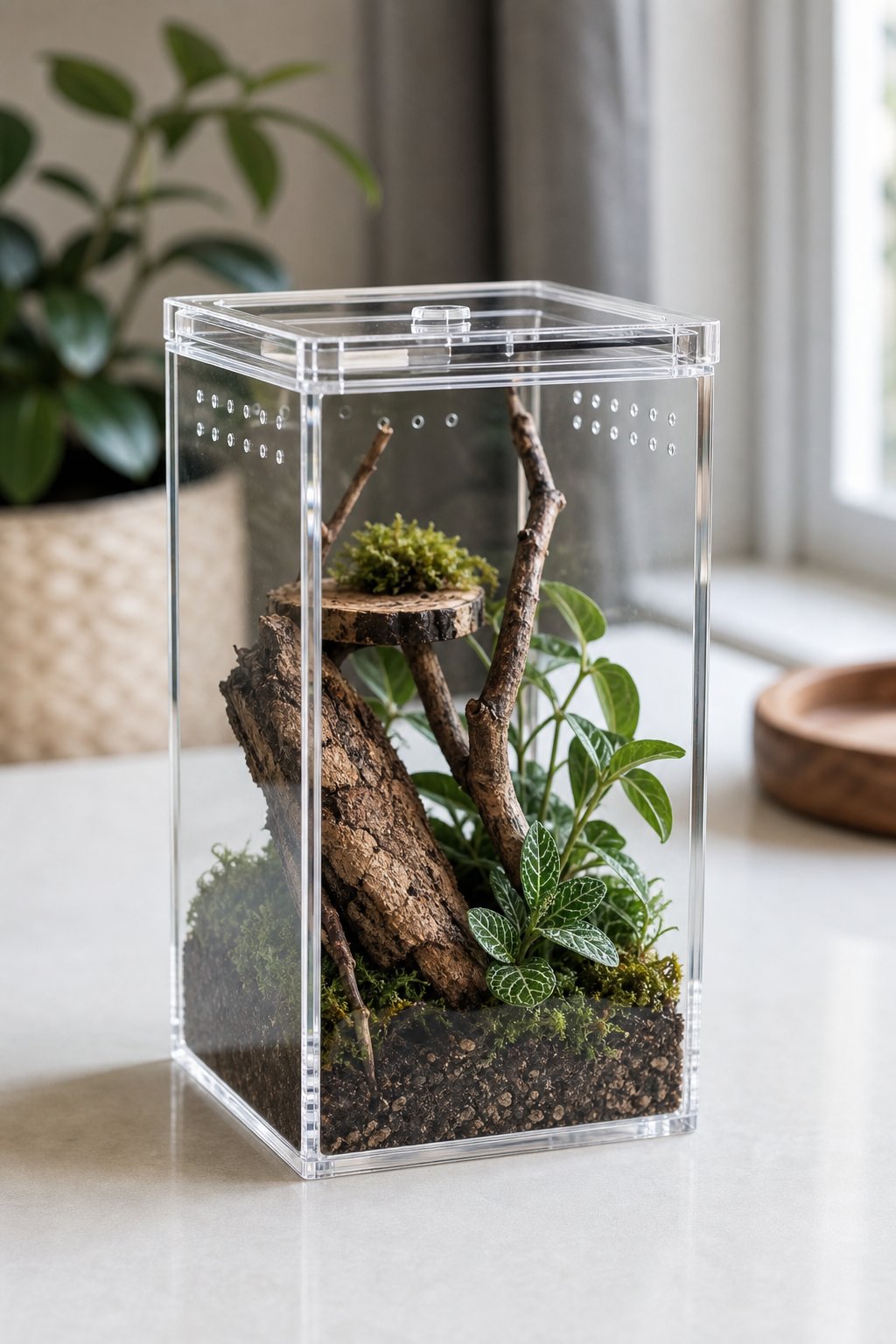 A small clear acrylic enclosure with moss, branches, leaves, and a cork bark hide on a bright tabletop.