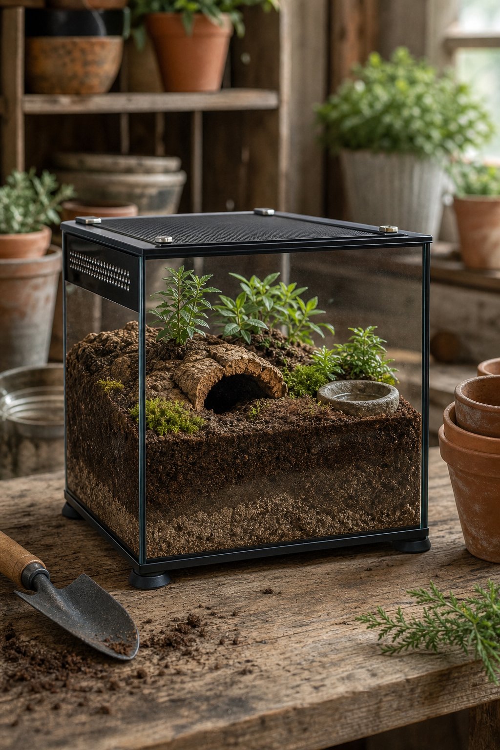 A deep-soil tarantula terrarium with a cork-bark hide and small plants on a rustic potting-shed workbench.