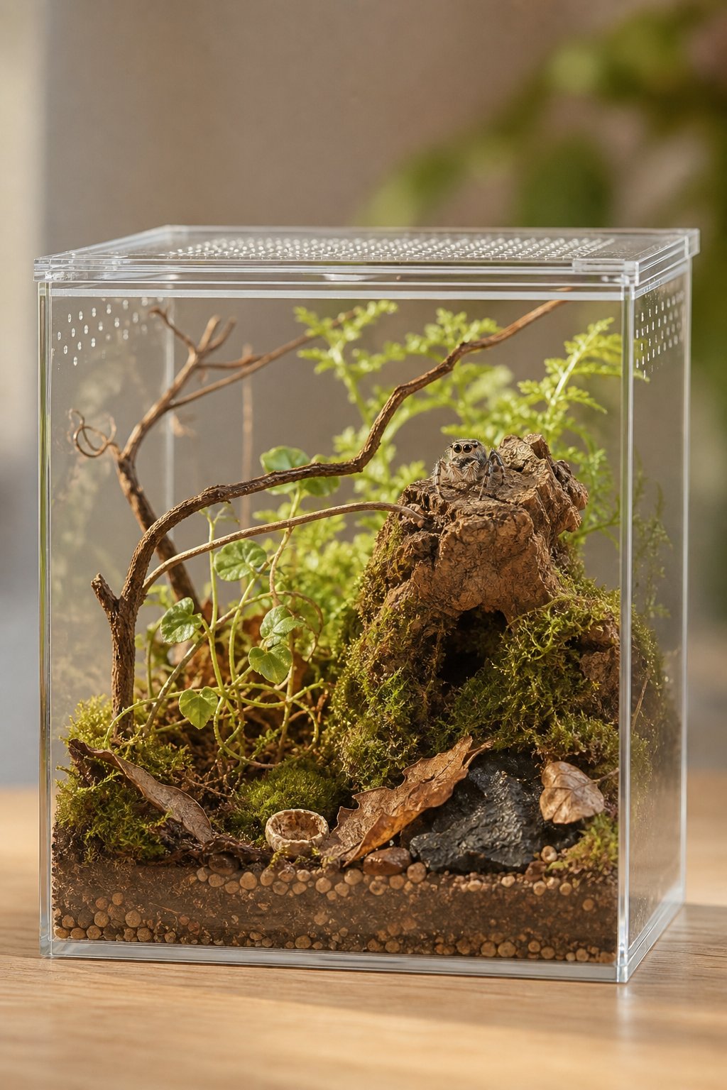 A small jumping spider rests on cork bark inside a personalized planted terrarium.