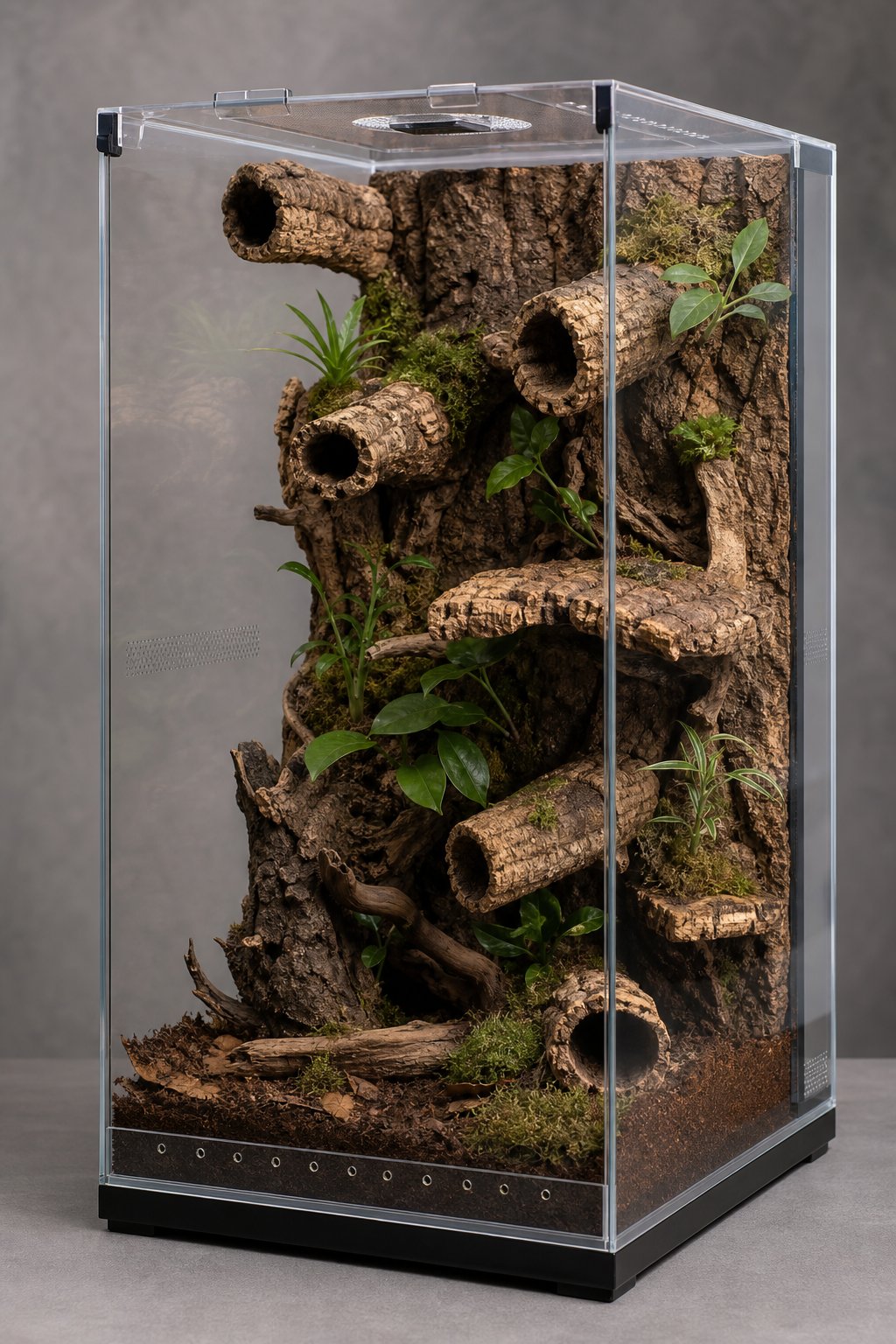 A clear terrarium arranged with cork bark platforms, natural substrate, moss, and small plants for an arboreal tarantula.