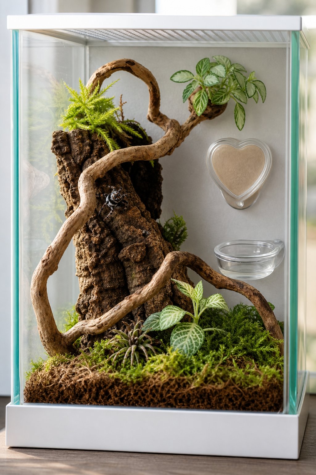 A jumping spider enclosure with a heart-shaped waterer, humidity dish, moss, bark, and small branches.