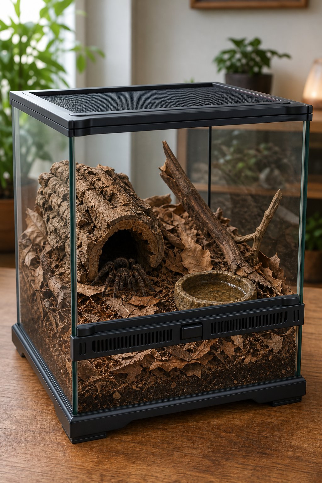 A glass terrarium with a leaf-litter floor, bark shelter, twigs, and a shallow water dish.