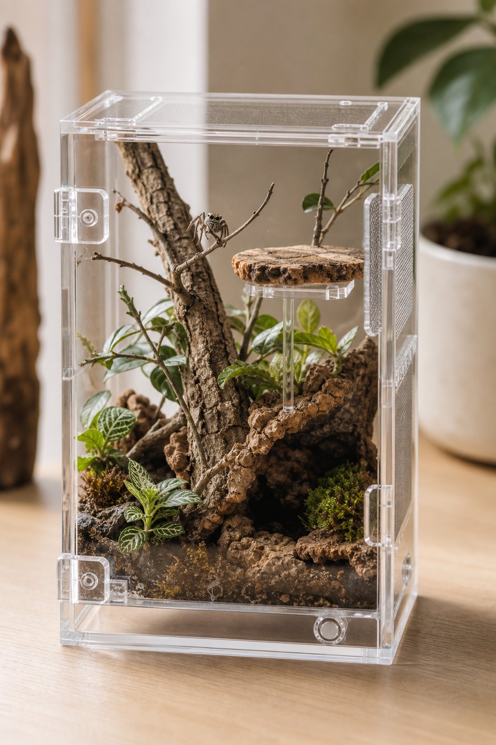 A clear acrylic jumping spider enclosure with plants, cork bark, branches, moss, and a small spider inside.