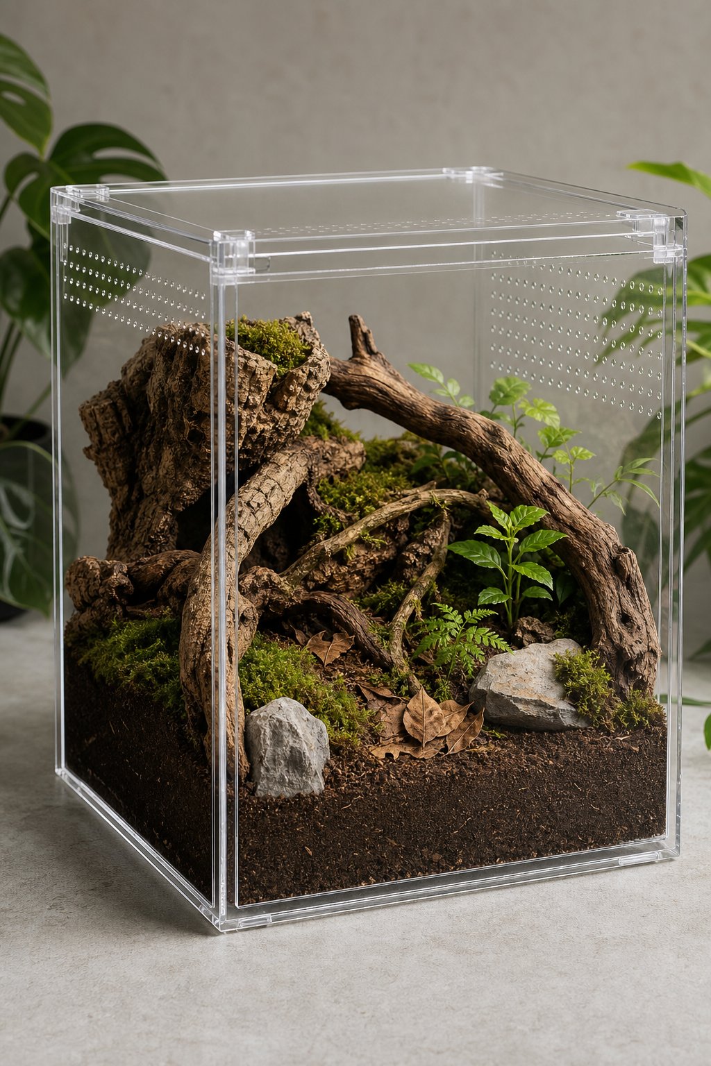 A clear acrylic cube containing a mossy woodland habitat with bark, branches, stones, soil, and green plants.