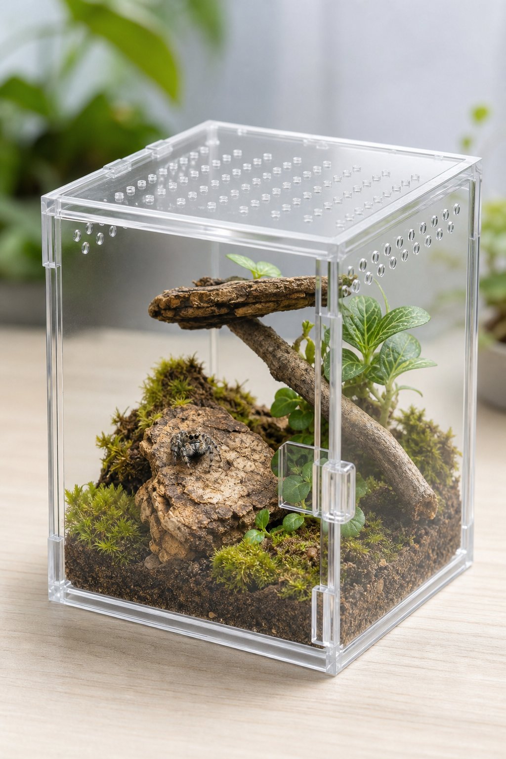 A small clear enclosure containing a jumping spider, cork bark, moss, a branch, and tiny plants on a neutral tabletop.